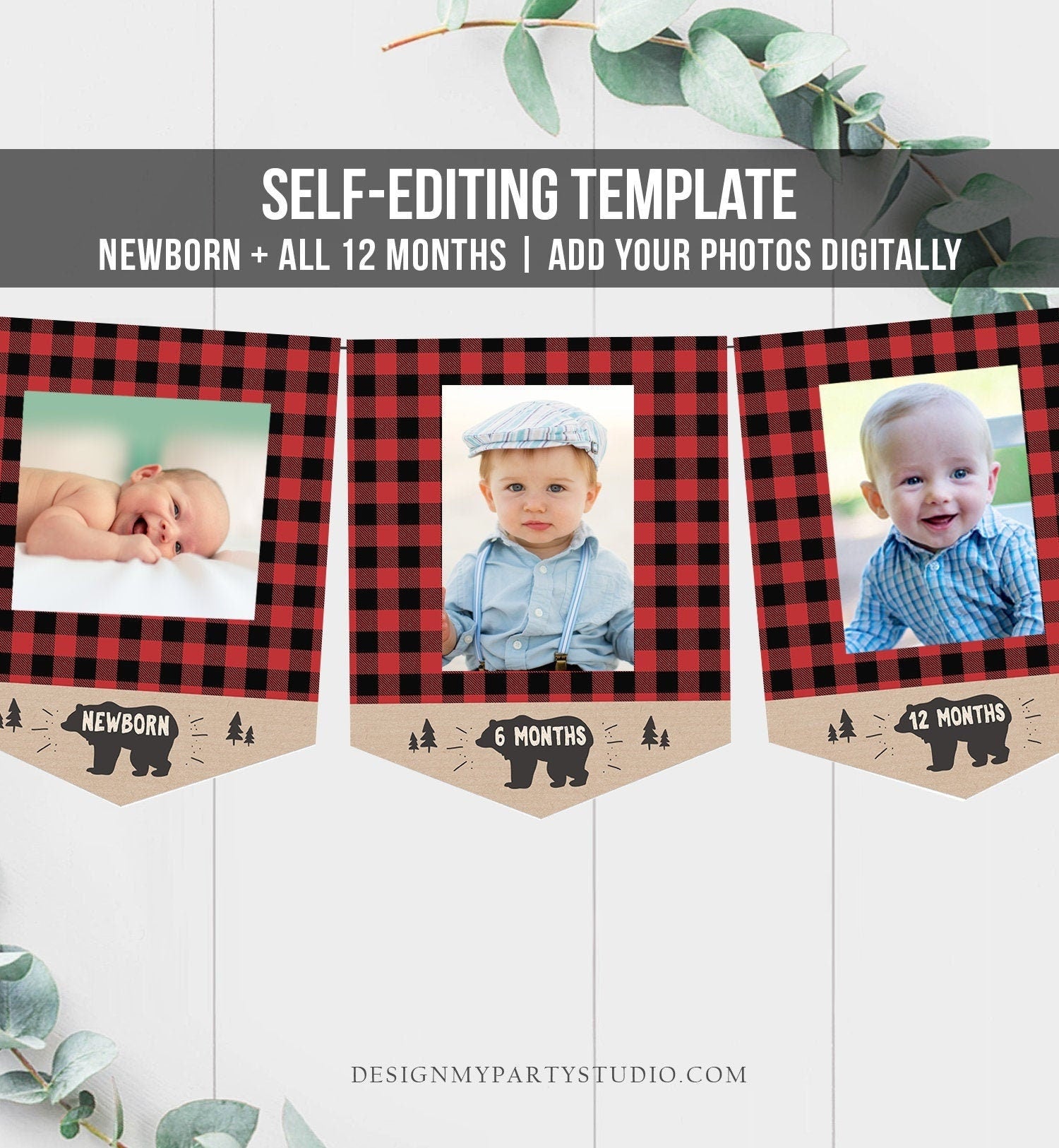 Editable Lumberjack First Birthday Banner Monthly Photo Banner Bear Buffalo Plaid Party Decor Digital Download Template Printable 0026