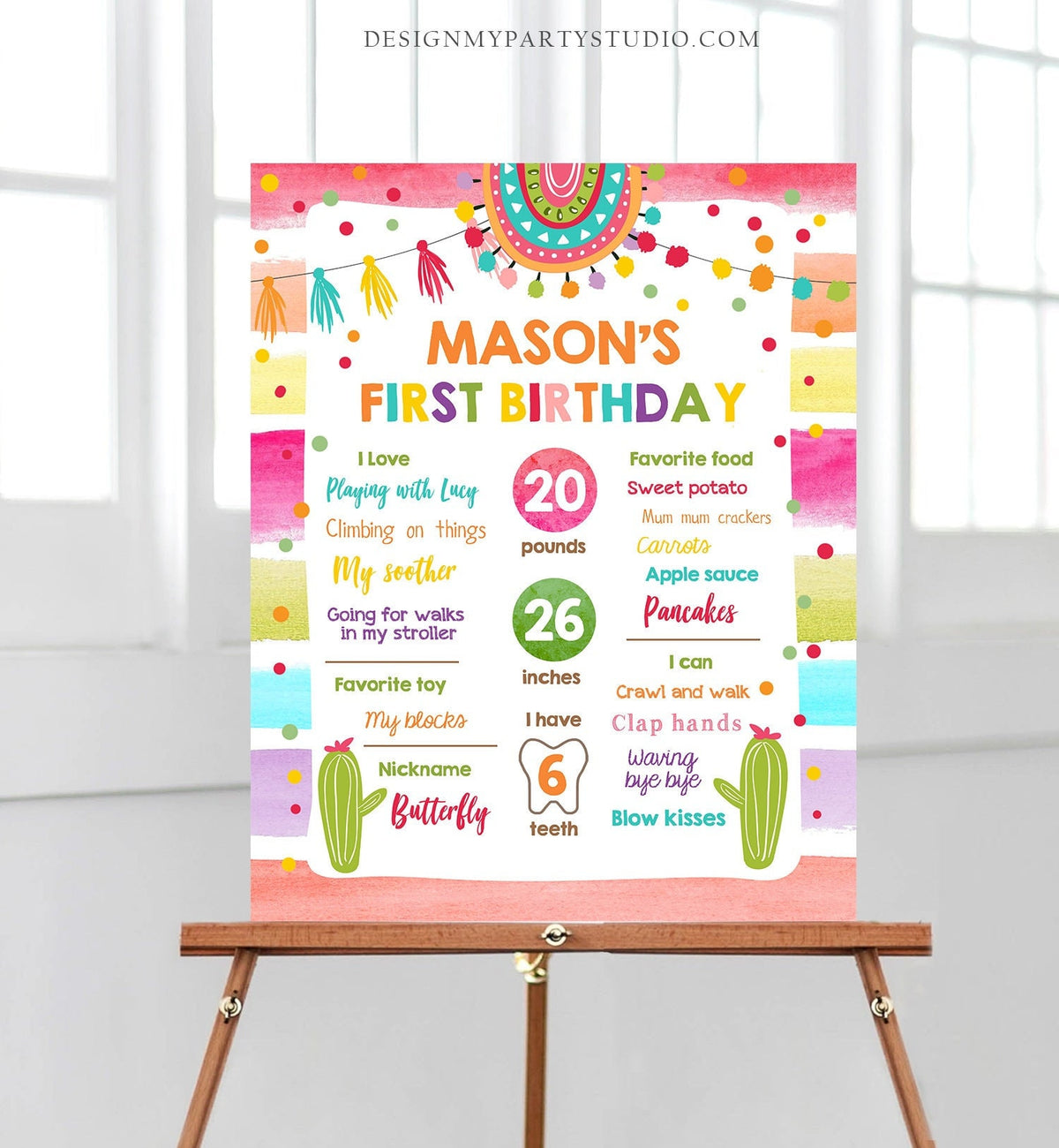 Editable Fiesta Birthday Milestones Sign Mexican Cactus Succulent Girl Boy Blue First Birthday 1st Digital Download Template Printable 0134