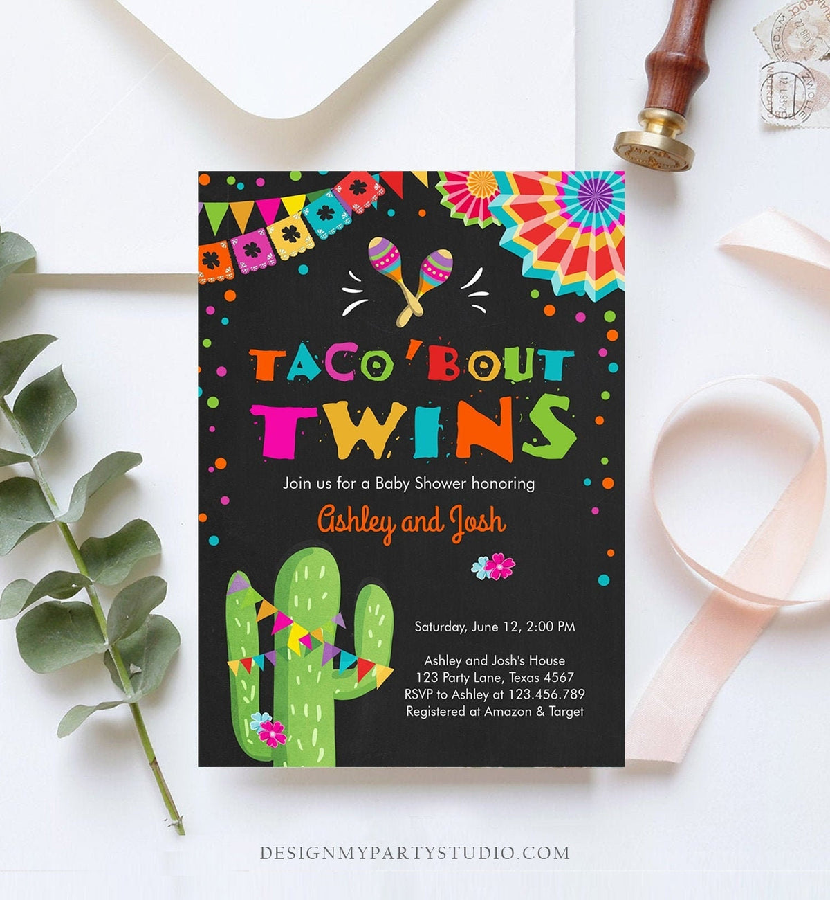 Editable Taco Bout Twins Baby Shower Invitation Cactus Chalk Mexican Fiesta Couples Shower Digital Download Evite Template Printable 0045
