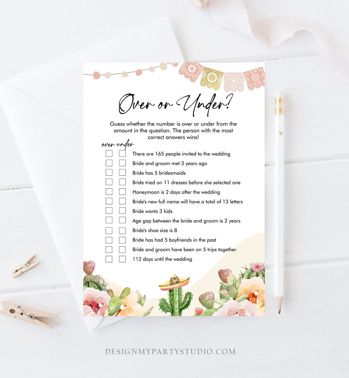 Editable Over or Under Bridal Shower Game Cactus Fiesta Mexican Coed Shower Games Succulent Wedding Activity Digital Template Printable 0419