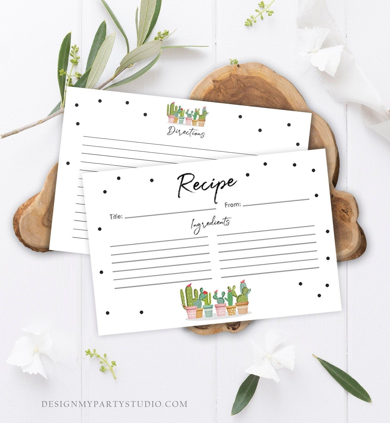 Editable Fiesta Cactus Recipe Cards Fiesta Bridal Shower Baby Succulent Mexican Double Sided 4x6 Digital Download Template Printable 0254