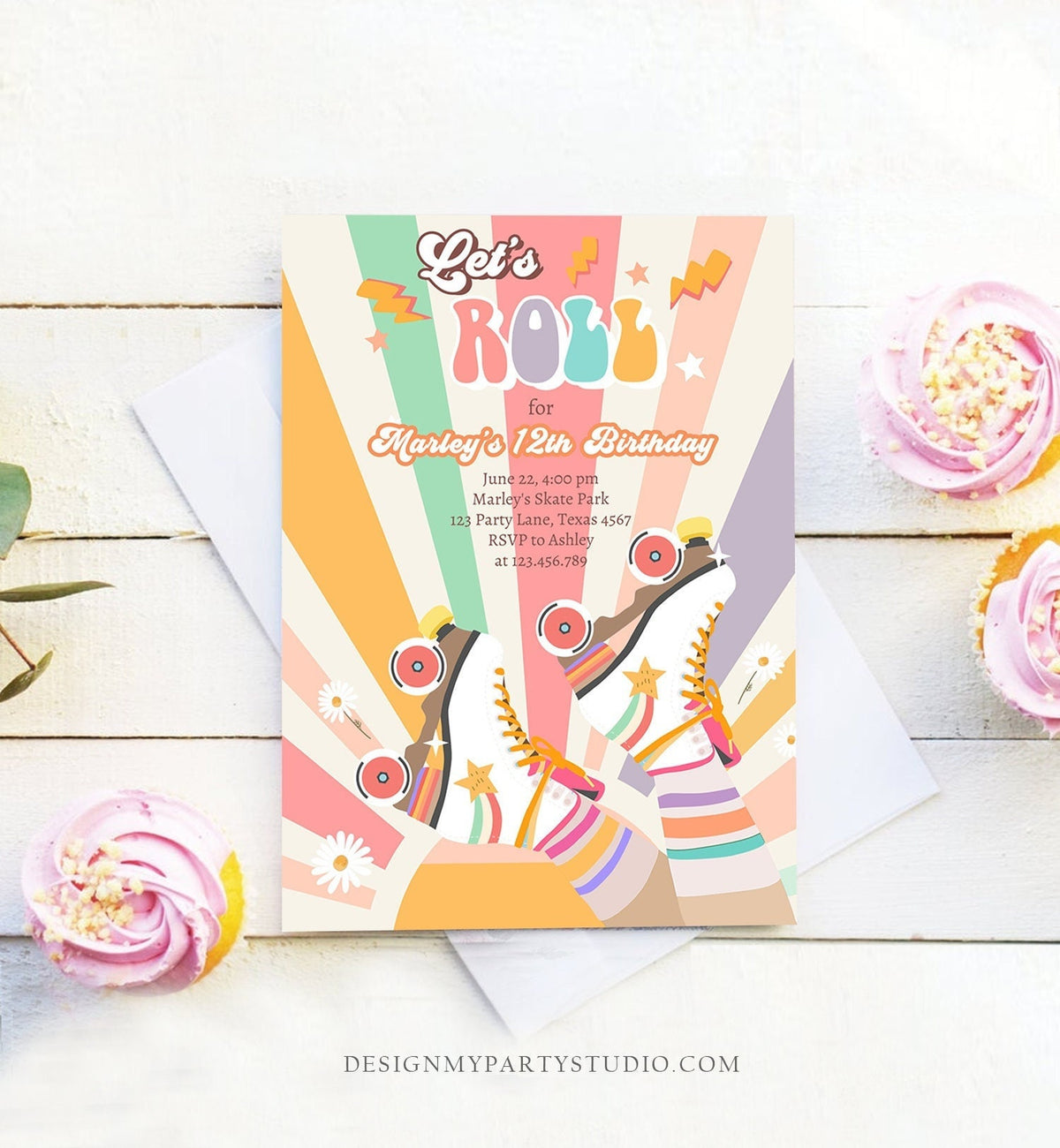 Editable Retro Roller Skating Birthday Party Invitation Groovy Skating Kids Flower Power Rainbow 70&#39;s Digital Evite Template Printable 0435