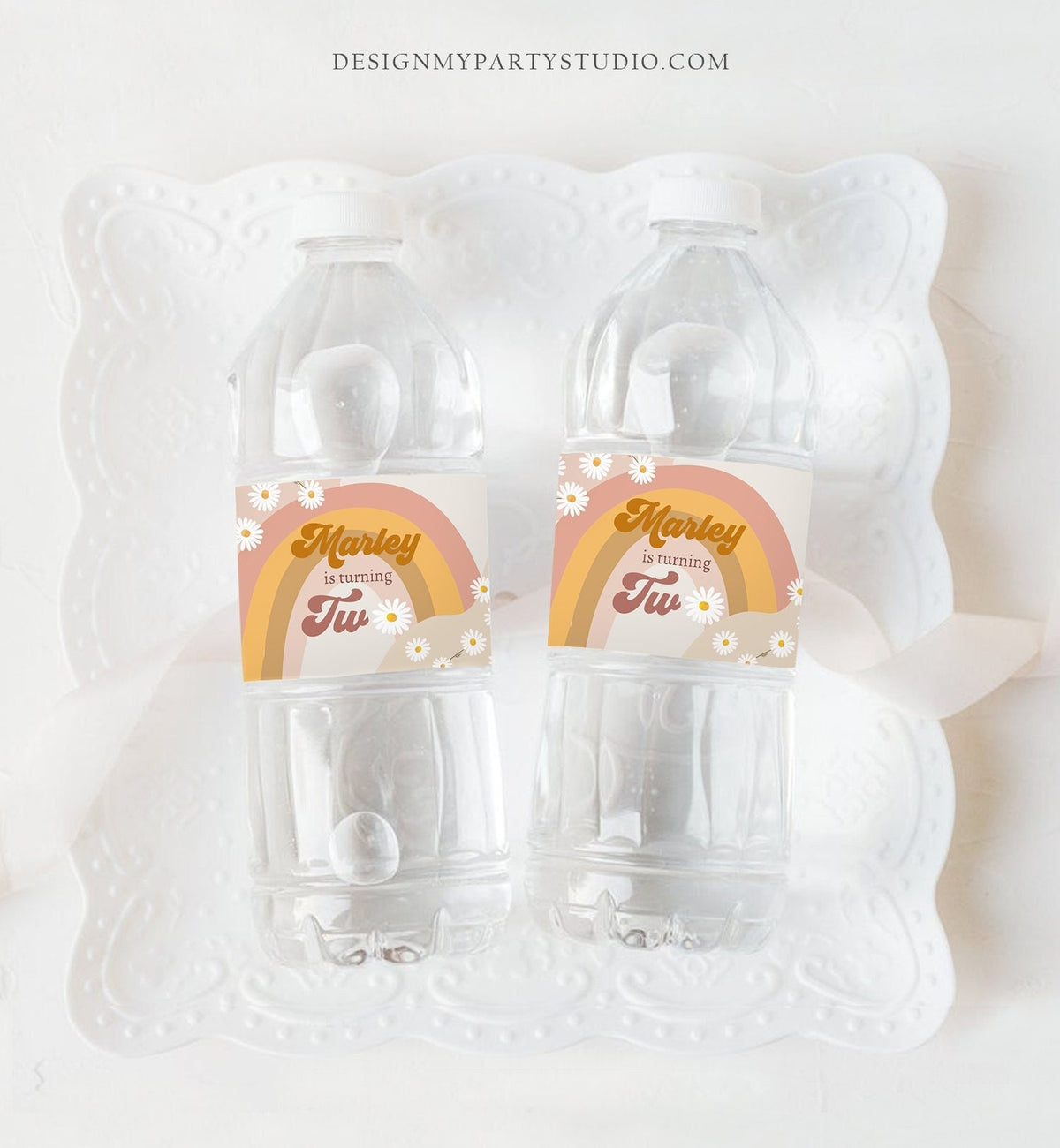 Editable Retro Daisy Water Bottle Labels 1st 2nd Birthday Hippie Party Decor Groovy 70s Floral Bottle Wrap Digital Template Printable 0428