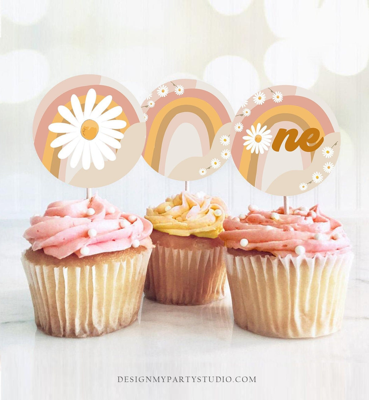 Groovy First Birthday Cupcake Toppers Favor Tags Retro Daisy Birthday Party Decor One Flower Power Festival Digital Download Printable 0428