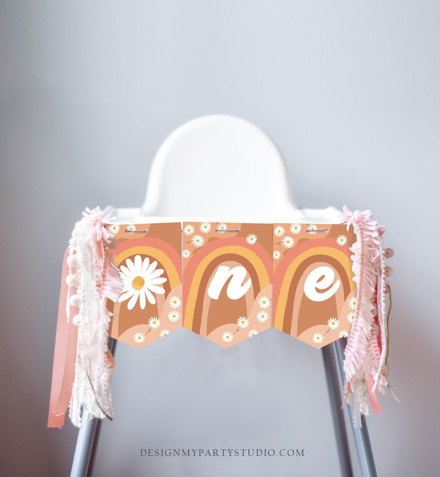 Retro Daisy High Chair Banner Groovy One Birthday Party 1st First Birthday Festival Hippie 70s ONE Floral Boho Decor Digital Printable 0428