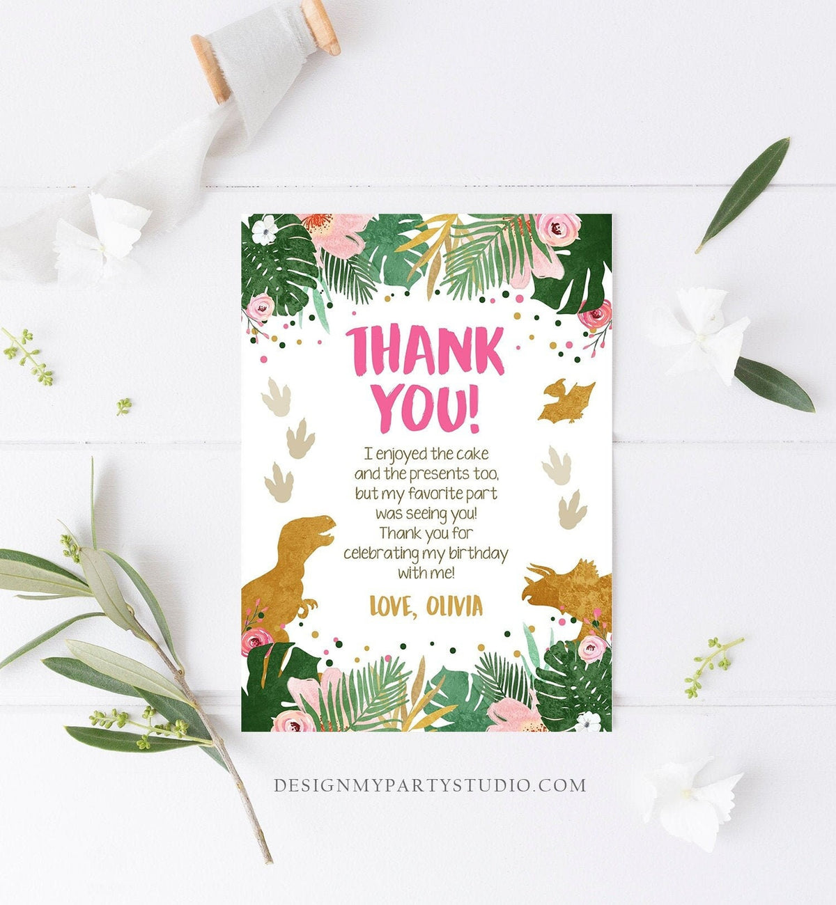 Editable Dinosaur Thank You Card Birthday Note Pink Gold Girl Dino Dig Party T-Rex Digital Download Template Printable 0146