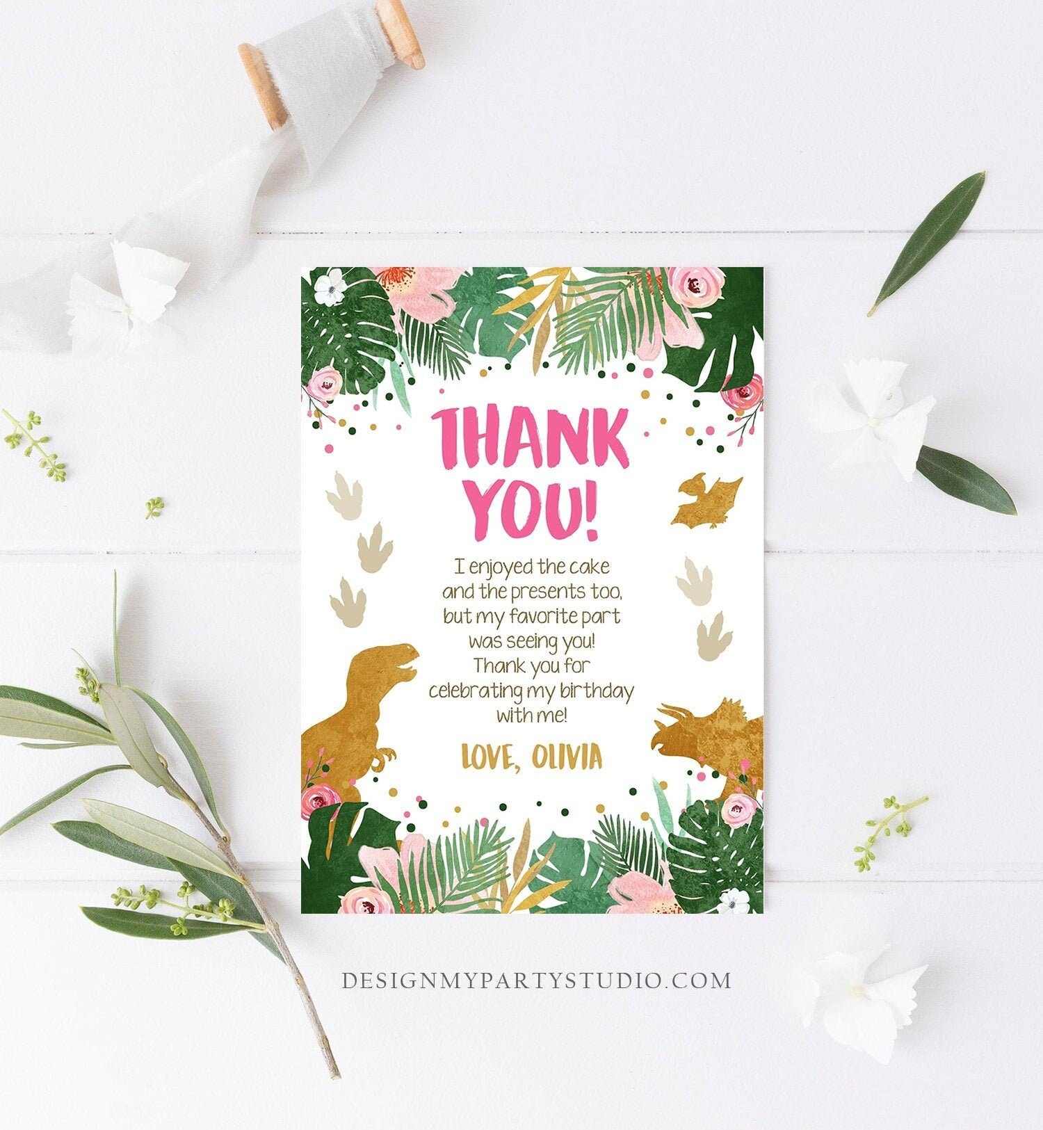 Editable Dinosaur Thank You Card Birthday Note Pink Gold Girl Dino Dig Party T-Rex Digital Download Template Printable 0146
