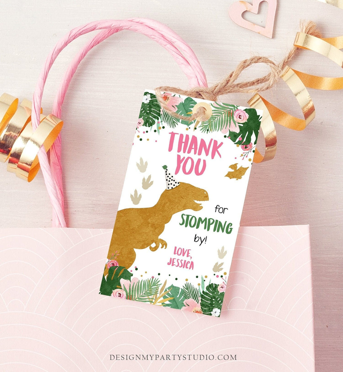 Editable Dinosaur Favor Tags Gift Tag Girl Pink Gold Thank You for Stomping By Tag Birthday Dino Party T-Rex Digital Template Printable 0146