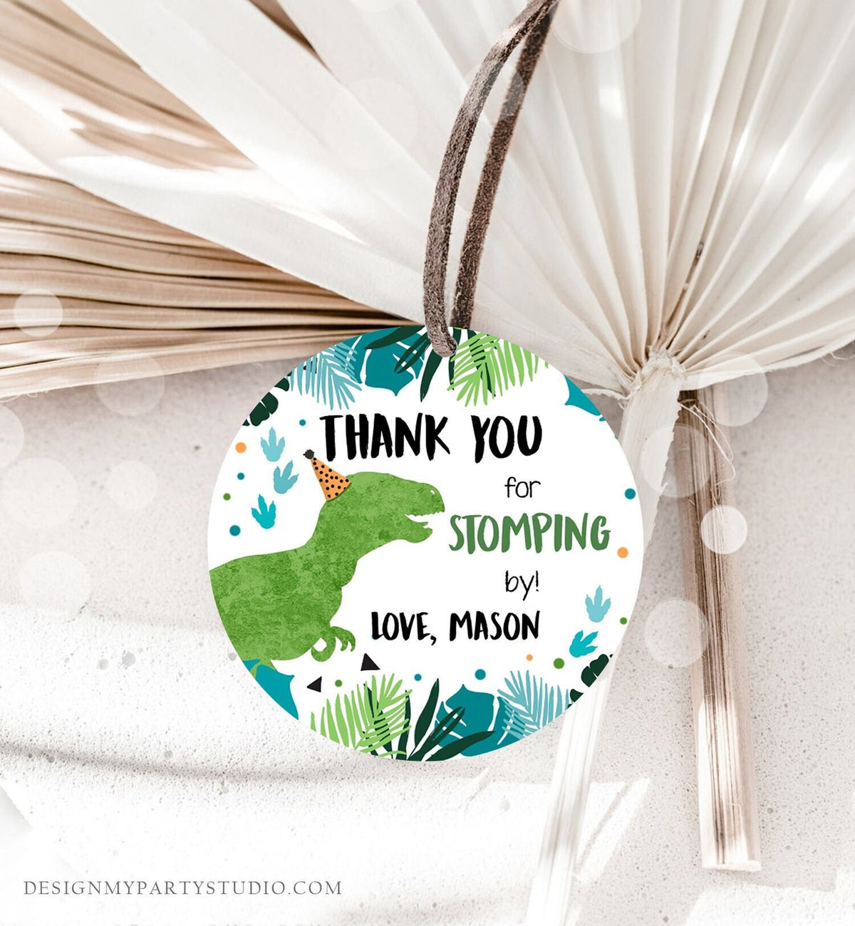 Editable Dinosaur Birthday Favor Tags Gift Tag Boy Green Blue Three Rex Thank You Stomping By Dino T-Rex Digital Template Printable 0389