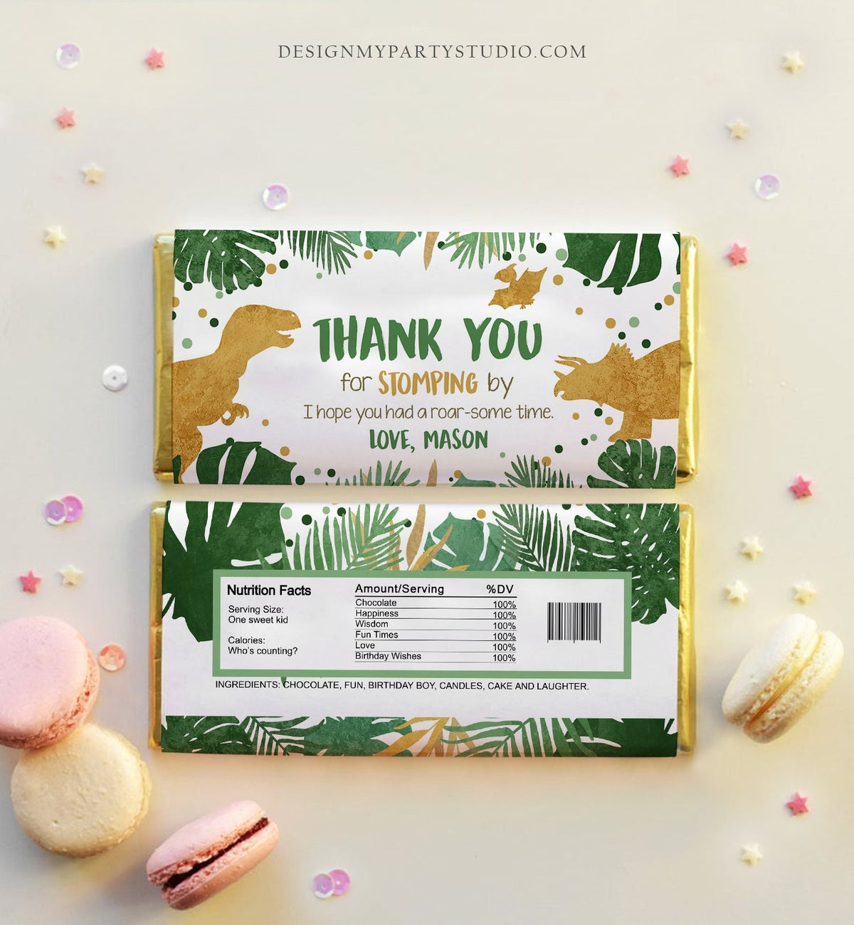 Editable Dinosaur Chocolate Bar Labels Candy Bar Wrapper Safari Tropical Gold Boy Birthday Party Digital Download Template Printable 0146