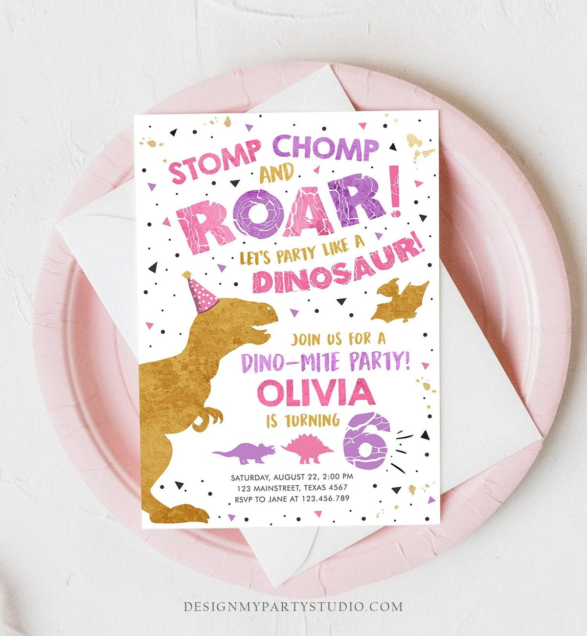 Editable Dinosaur Birthday Invitation Dino Dig Party Prehistoric Gold Pink Girl T-Rex Digital Download Evite Template Printable 0369