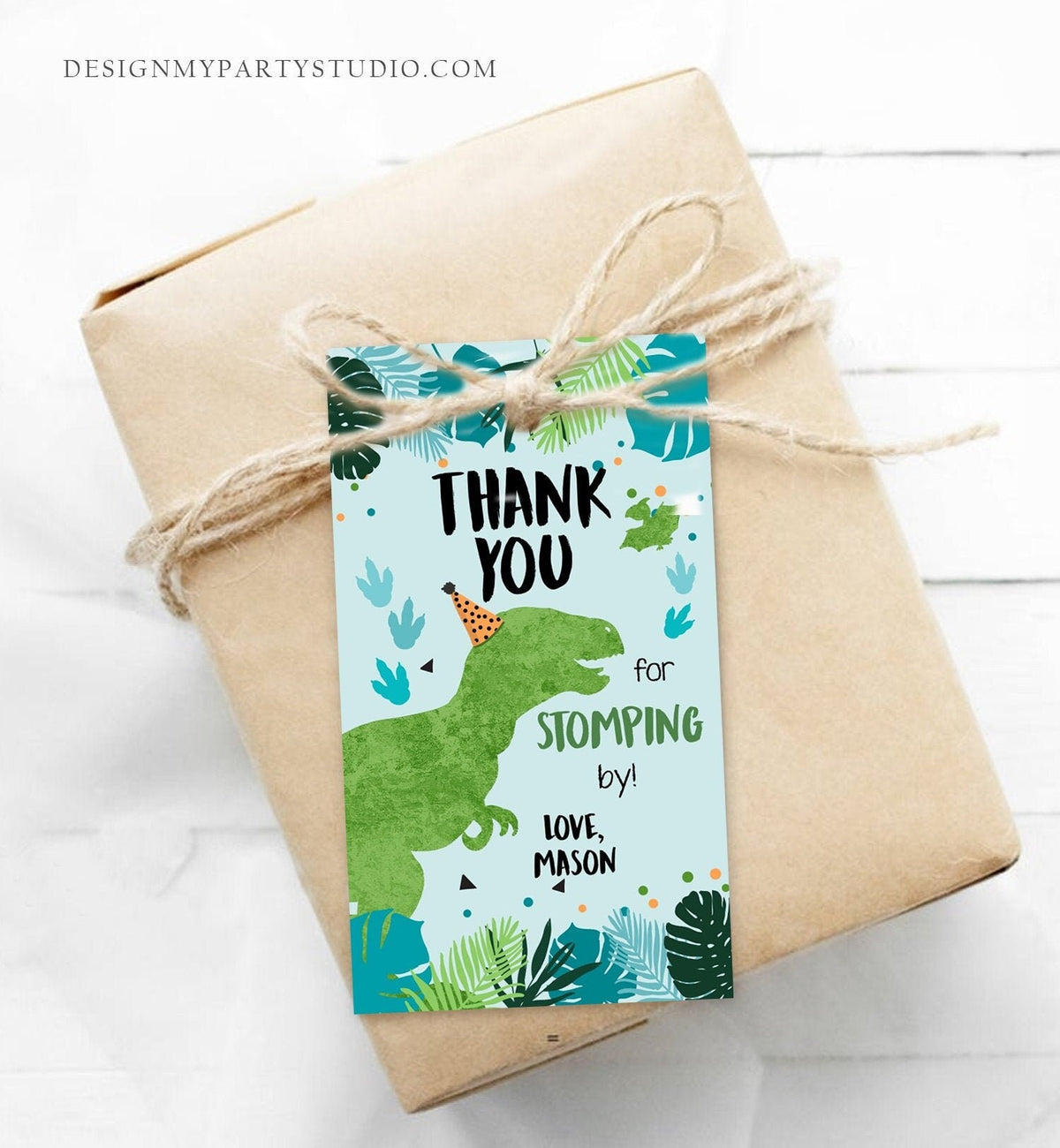Editable Dinosaur Birthday Favor Tags Gift Tag Boy Green Blue Three Rex Thank You Stomping By Dino T-Rex Digital Template Printable 0389