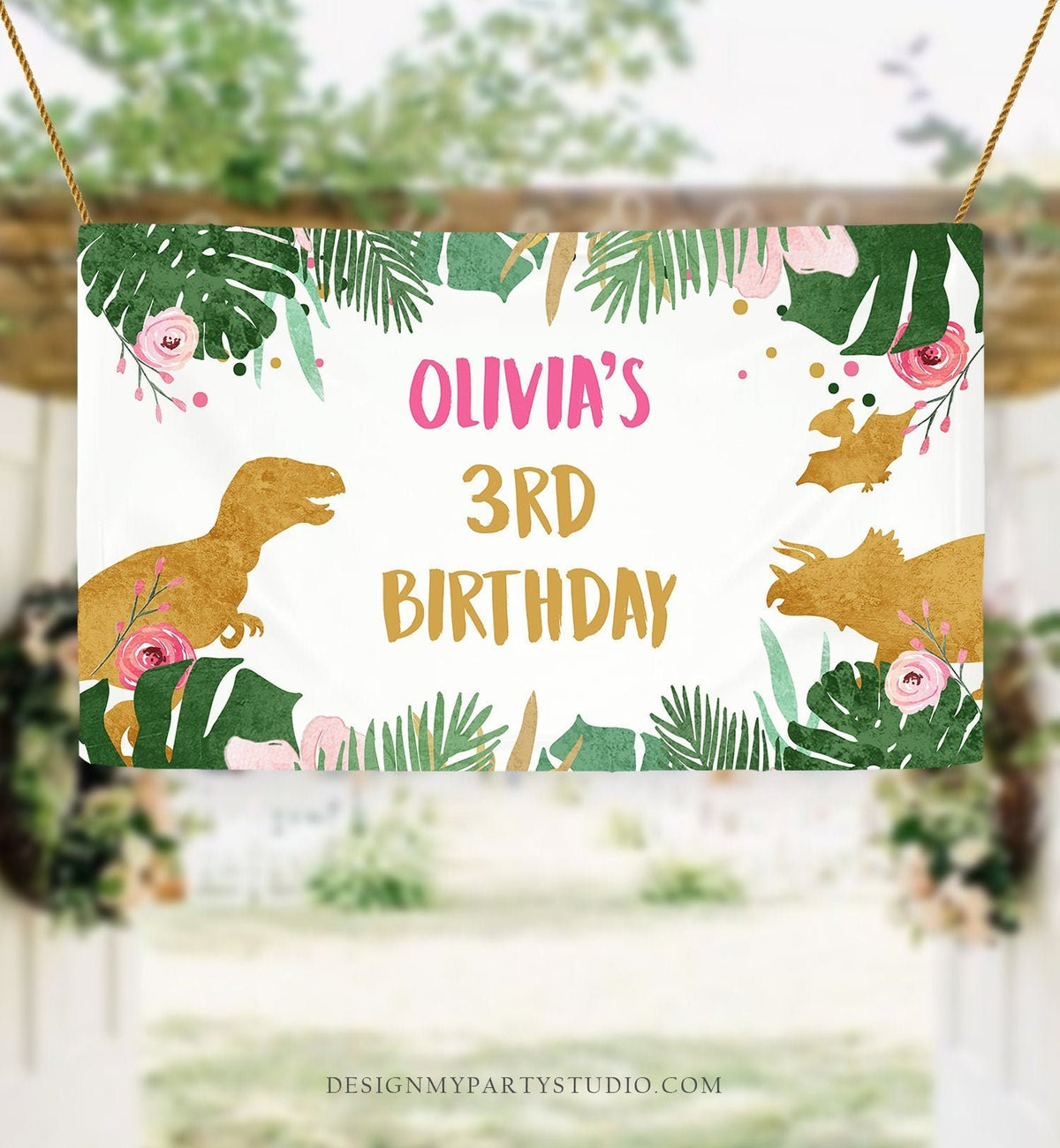 Editable Dinosaur Birthday Backdrop Banner Girl Pink Prehistoric Dino Party Welcome Sign Decor Digital Download Template Printable 0146