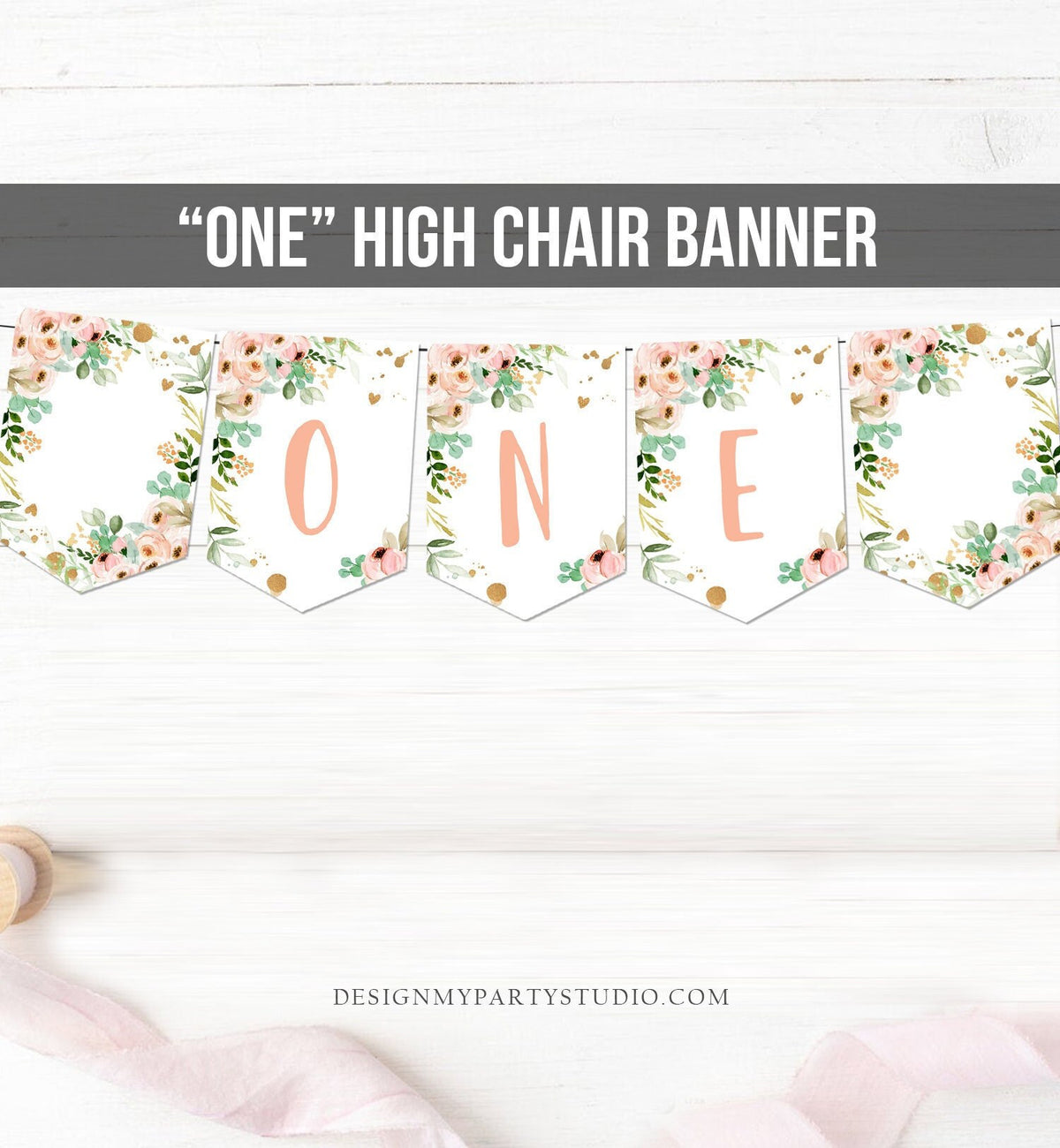 Little Miss Onederful High Chair Banner Pink Floral 1st Girl First Birthday Flowers Gold Pastel ONE Party Decor Digital Printable 0147