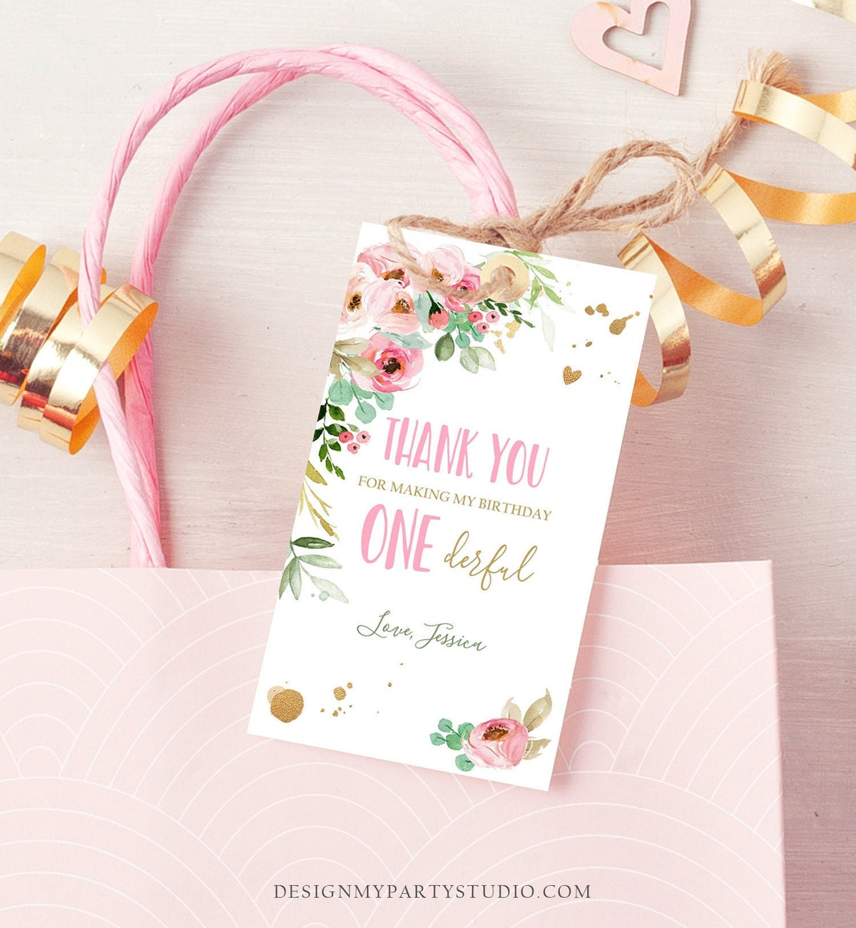 Editable Floral Favor Tag Little Miss Onederful Birthday Thank You Girl Pink Gold Peonies Flowers Digital Download Template Printable 0147