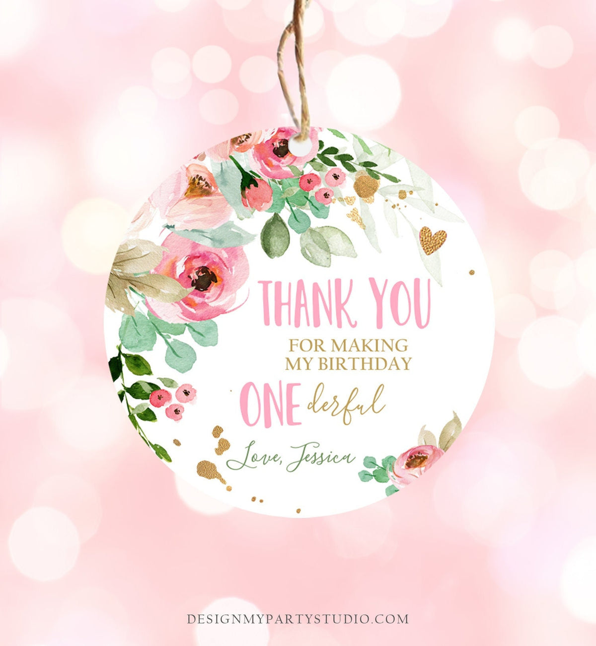 Editable Floral Favor tags Little Miss Onederful Birthday Thank you tag Girl Pink and Gold Peonies Flowers Digital Template Printable 0147