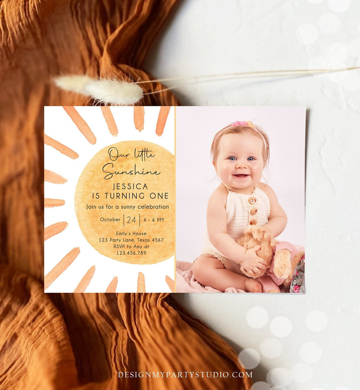 Editable Our Little Sunshine Birthday Invitation 1st Summer Sunshine Party Neutral Boho Digital Download Evite Template Printable 0431
