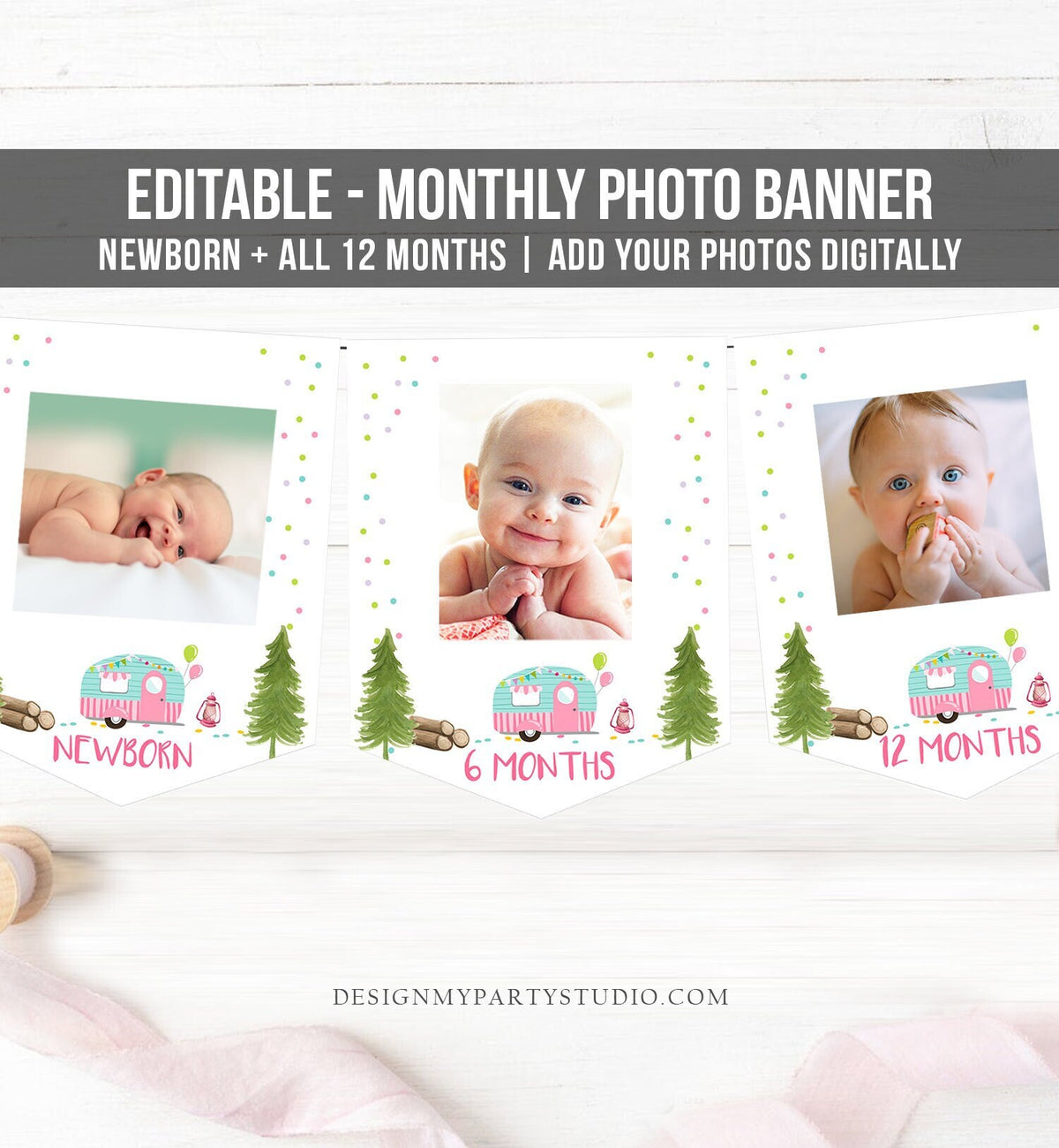 Editable Happy Camper Birthday Banner Monthly Photo Banner Glamping Party Camping Pink Girl Digital Download Template Printable 0342