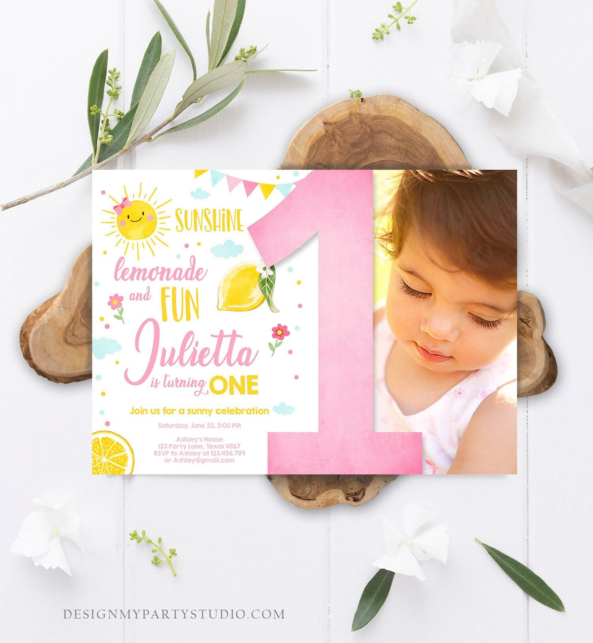 Editable Sunshine Lemonade Birthday Invitation Pink Girl Sunshine Party Lemonade 1st Digital Download Evite Template Printable 0141