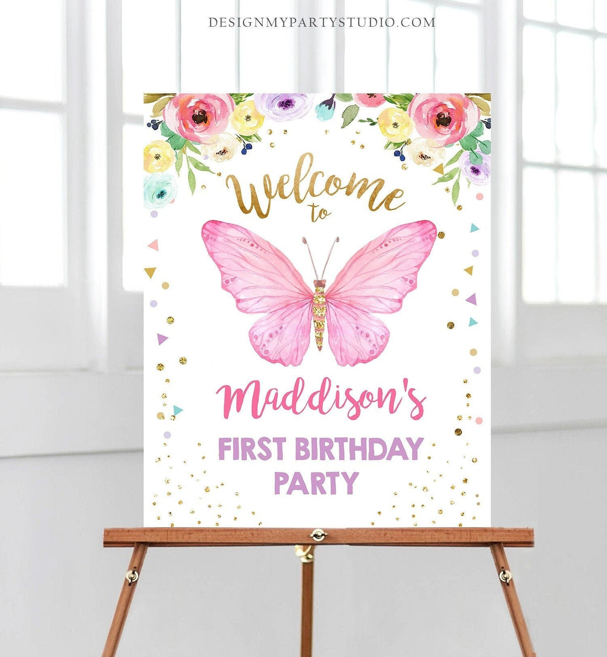 Editable Butterfly Welcome Sign Butterfly Birthday Party Butterfly Welcome Garden Girl Pink Gold Floral Corjl Template Printable 0162