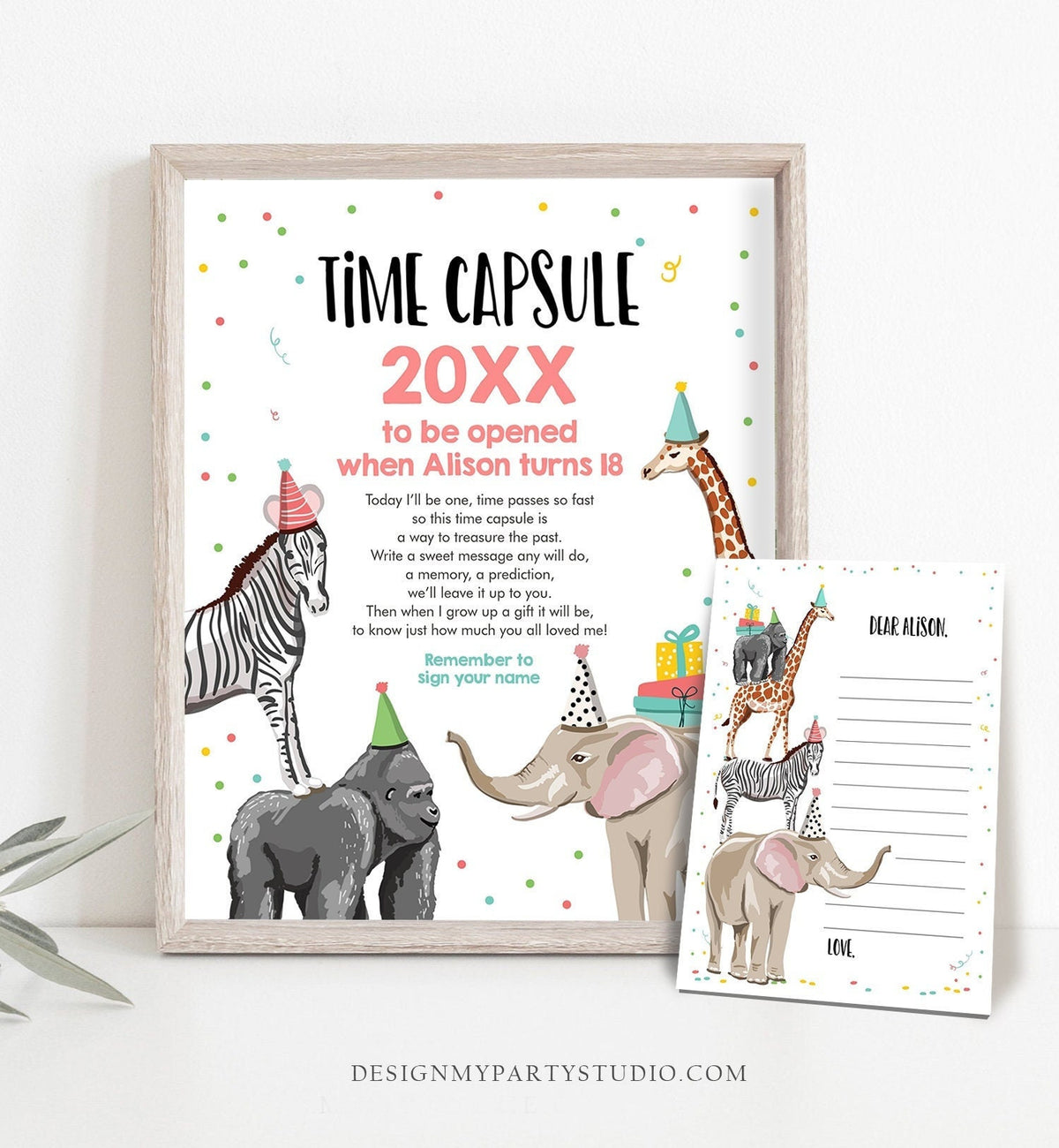 Editable Party Animals Time Capsule Girl Pink First Birthday Wild One First Birthday Zoo Safari Animals Digital Template Printable 0142