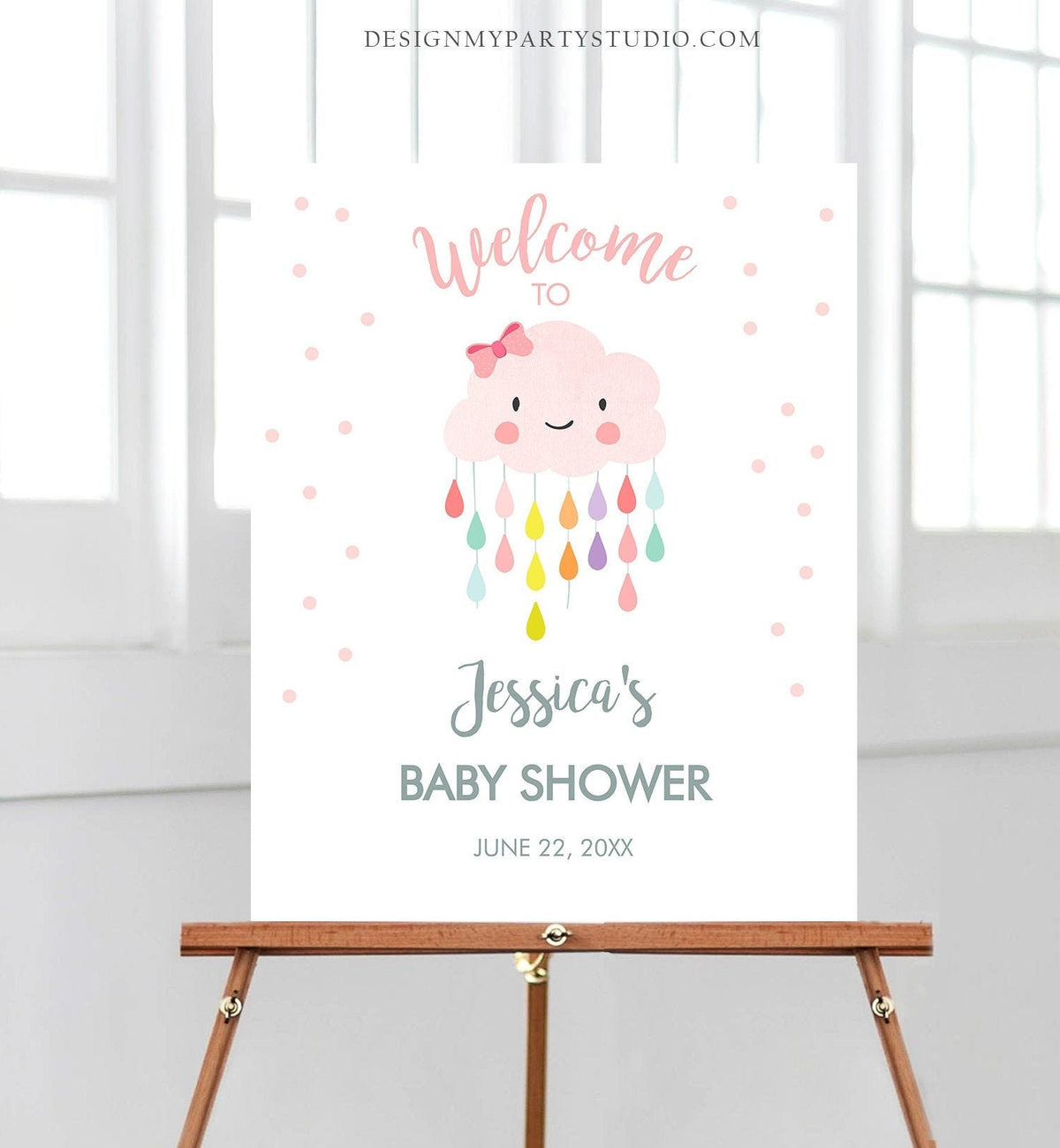 Editable Welcome Sign Baby Shower Cloud Welcome Baby Sprinkle Raindrops Rain Cloud Rainbow Girl Pink Rainbow Digital Template Printable 0036