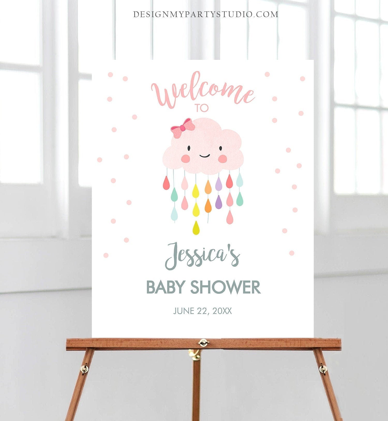 Editable Welcome Sign Baby Shower Cloud Welcome Baby Sprinkle Raindrops Rain Cloud Rainbow Girl Pink Rainbow Digital Template Printable 0036
