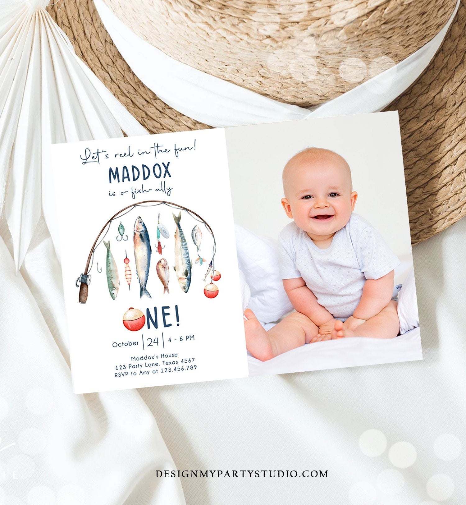 Editable Fishing Birthday Invitation Fishing Party O-Fish-Ally The Big One Gone Fishing Blue Boy Digital Download Template Printable 0454