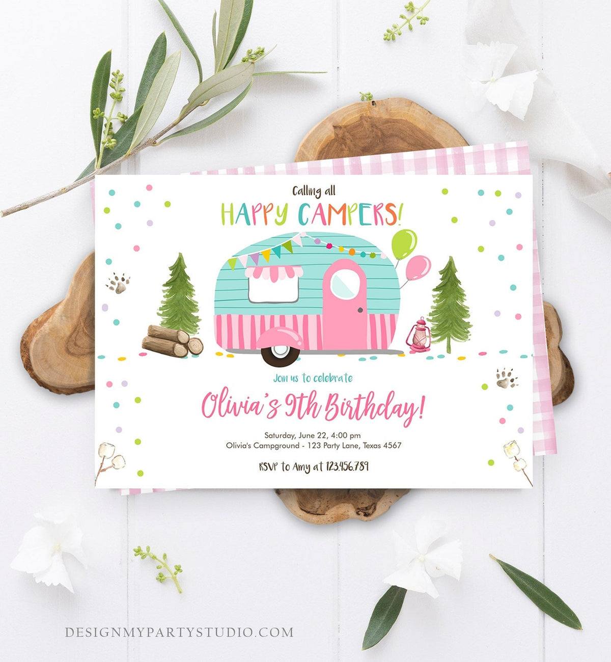 Editable Happy Camper Birthday Invitation Girl Pink Camping Party Pink Camper Glamping Digital Download Evite Template Printable 0342