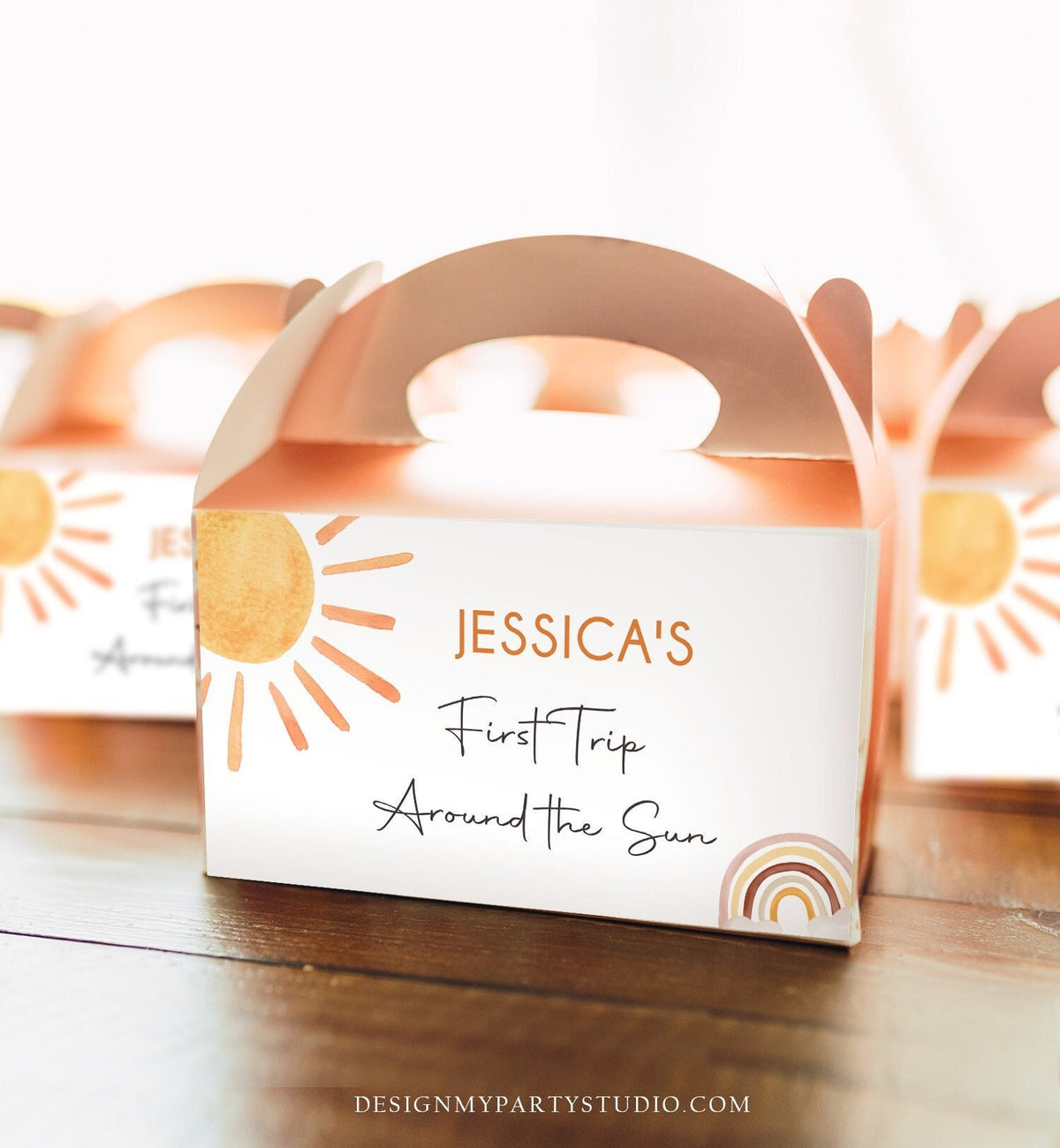 Editable Sun Birthday Party Gable Box Favor Label Boho Sun Gift Box Label Sunshine First Trip Around the Sun Digital Download Printable 0431