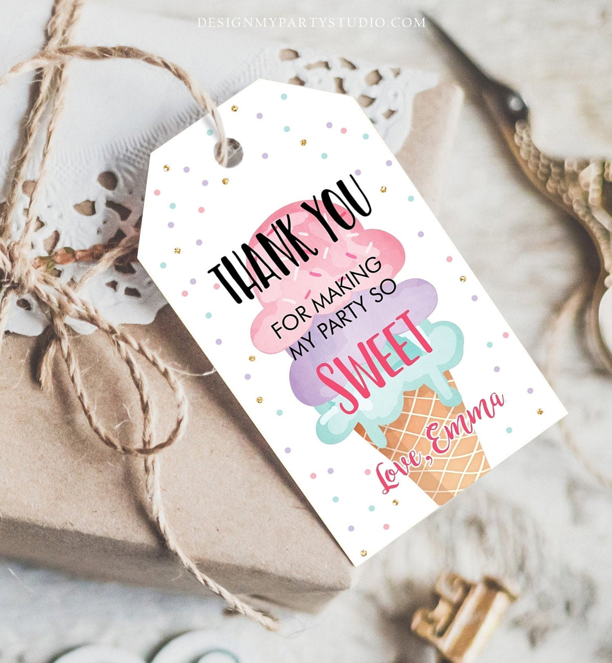 Editable Ice Cream Favor Thank You Tag Ice Cream Birthday Party Girl Pink Purple Gift Goodie Bag Labels Corjl Template Printable 0243