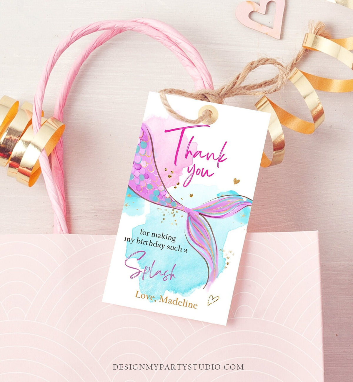 Editable Mermaid Birthday Favor Tag Under The Sea Thank You Mermaid Party Girl Pink Purple Gold Digital Download Template Printable 0403
