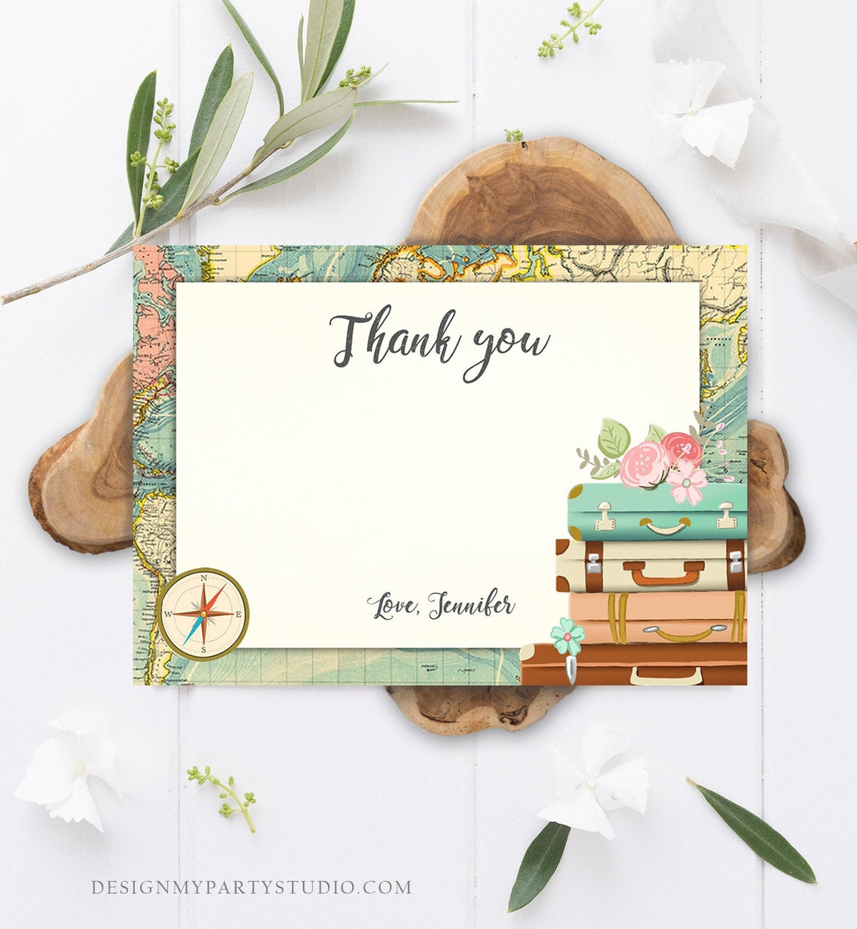 Editable Travel Thank You Card Bridal Shower Note Adventure Birthday Baby Shower Suitcases Vintage World Map Digital Template Printable 0044