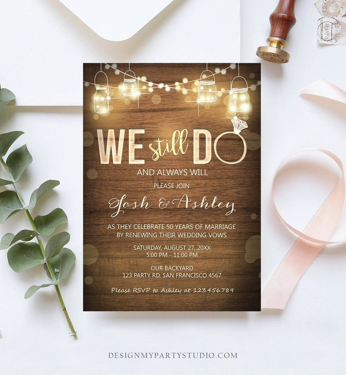 Editable We Still Do Wedding Anniversary Invitation Rustic Wood String Lights Jars Digital Digital Download Evite Template Printable 0015