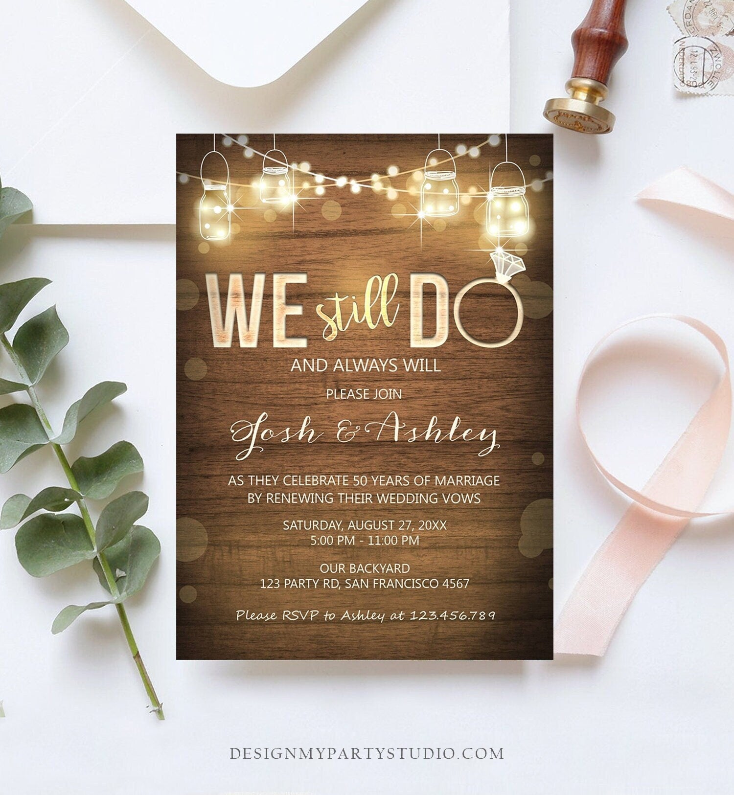 Editable We Still Do Wedding Anniversary Invitation Rustic Wood String Lights Jars Digital Digital Download Evite Template Printable 0015