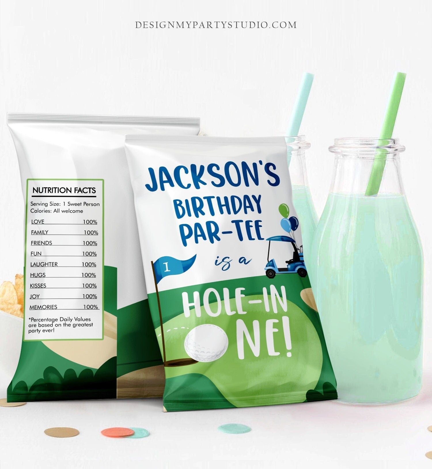 Editable Hole in One Birthday Chip Bag Golf First Birthday Par-tee Decor Boy Golfing Party Favors 1st Digital Template Printable 0405