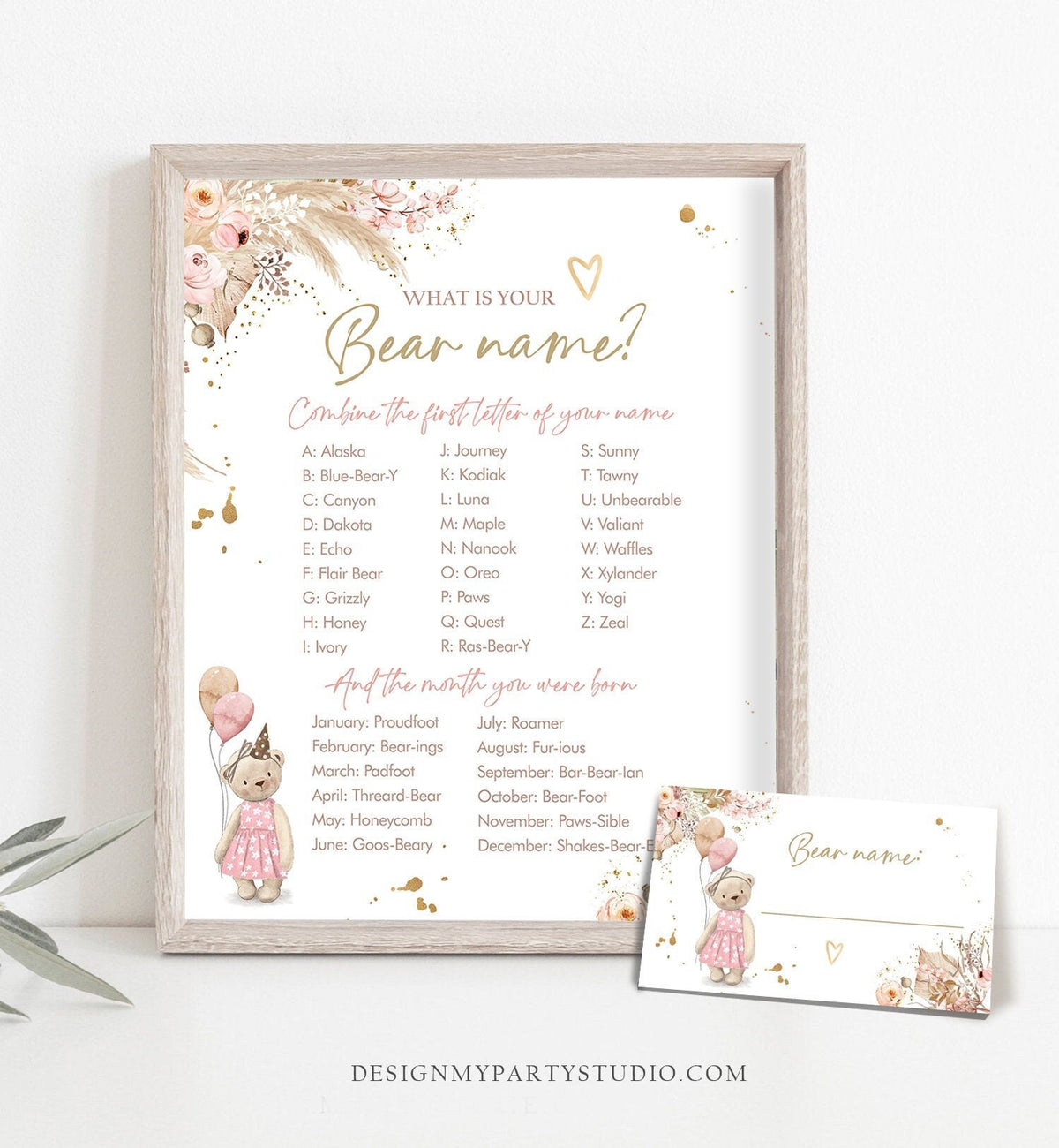 Editable What Is Your Bear Name Girl Teddy Bear Birthday Game Party Activity Pampas Grass Boho Whimsical Digital Template Printable 0421
