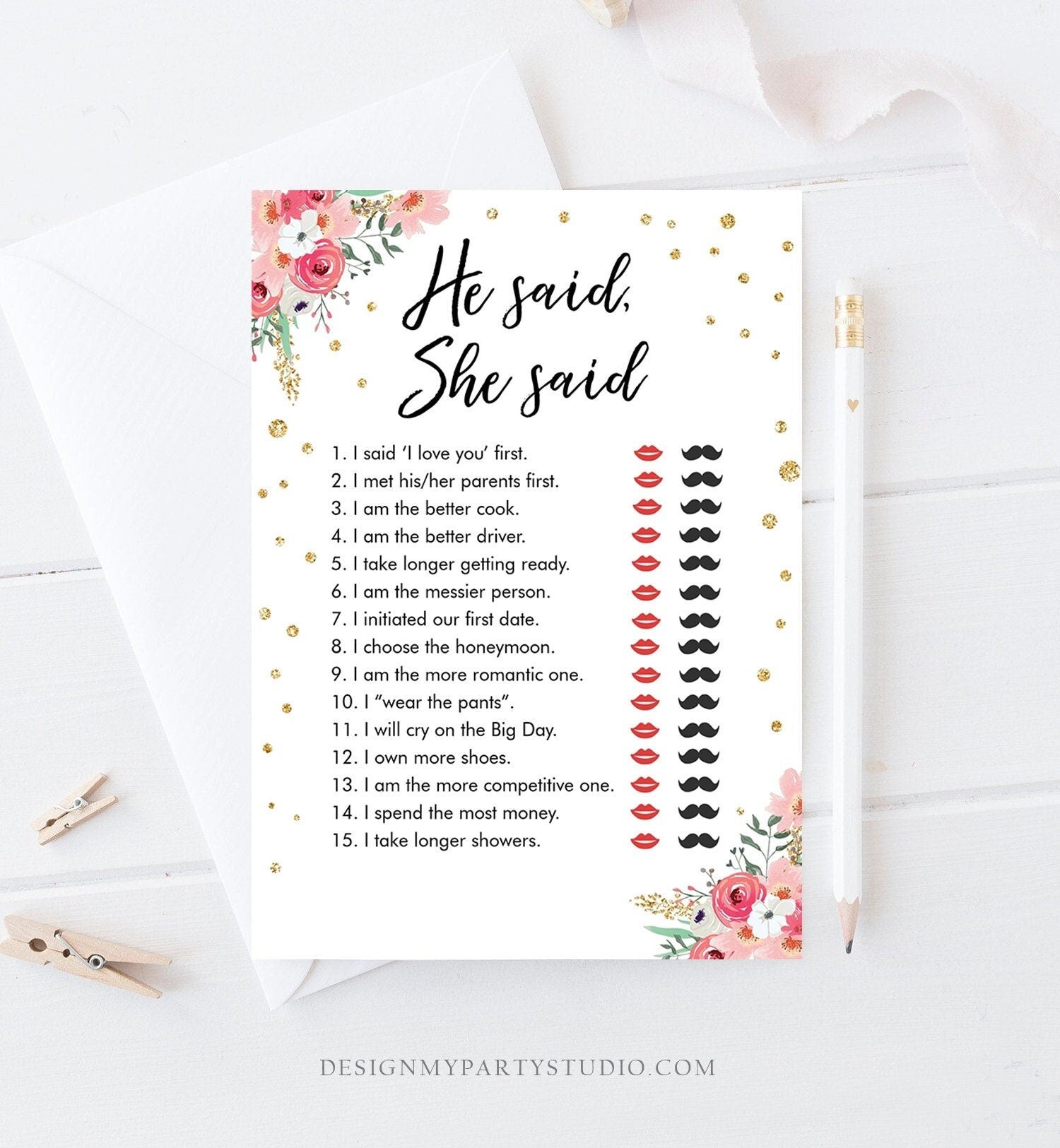 Editable He Said She Said Bridal Shower Game Floral Bride or Groom Wedding Shower Activity Who said it Phrase Corjl Printable 0030 0318