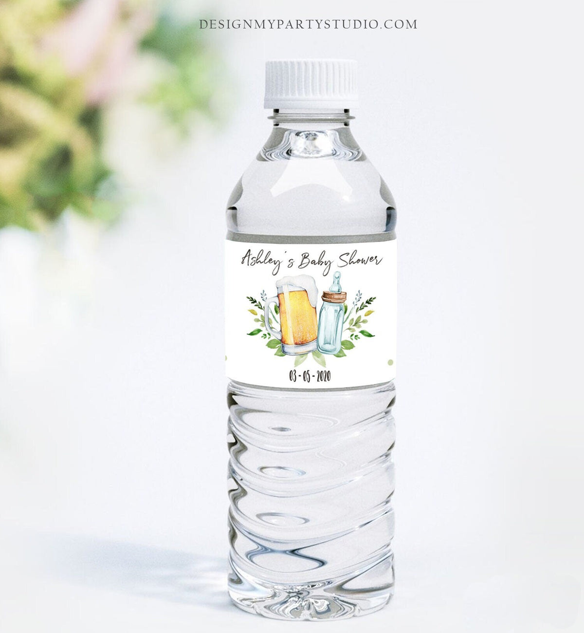 Editable Brewing Water Bottle Labels Baby is Brewing Baby Shower Decor Beer Bottle Greenery Bottle Label Digital Template Printable 0190