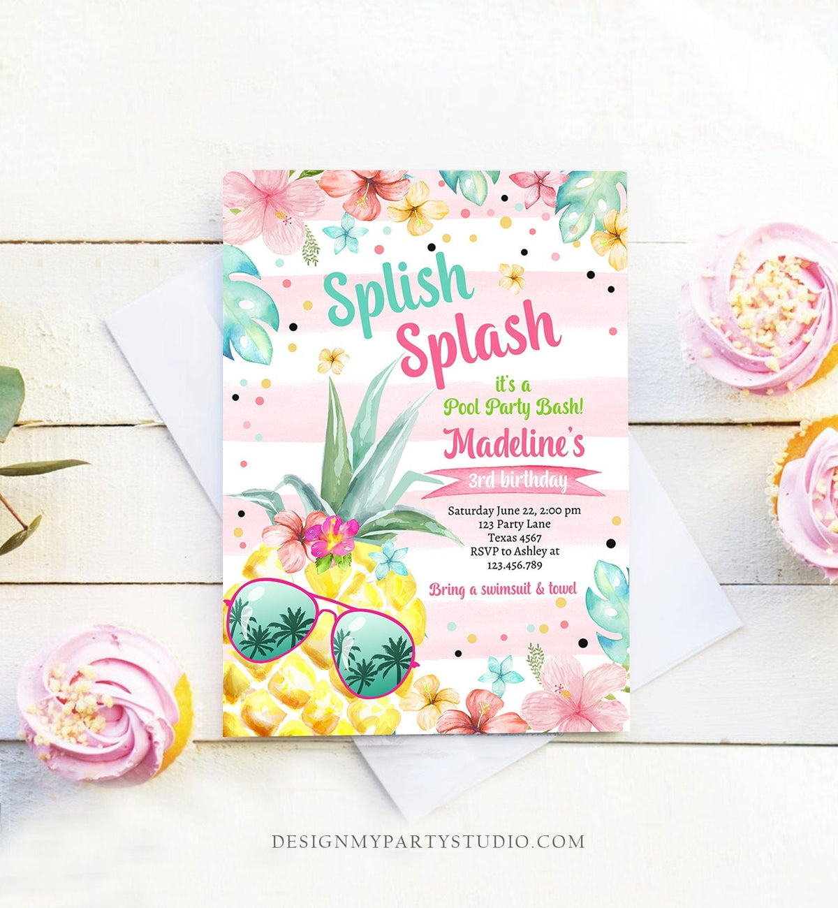 Editable Splish Splash Birthday Party Invitation Pineapple Birthday Pool Party Pineapple Pink Girl Digital Download Template Printable 0391