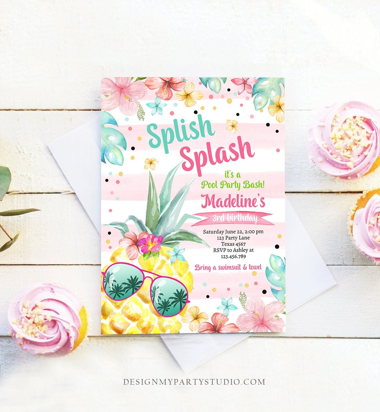 Editable Splish Splash Birthday Party Invitation Pineapple Birthday Pool Party Pineapple Pink Girl Digital Download Template Printable 0391