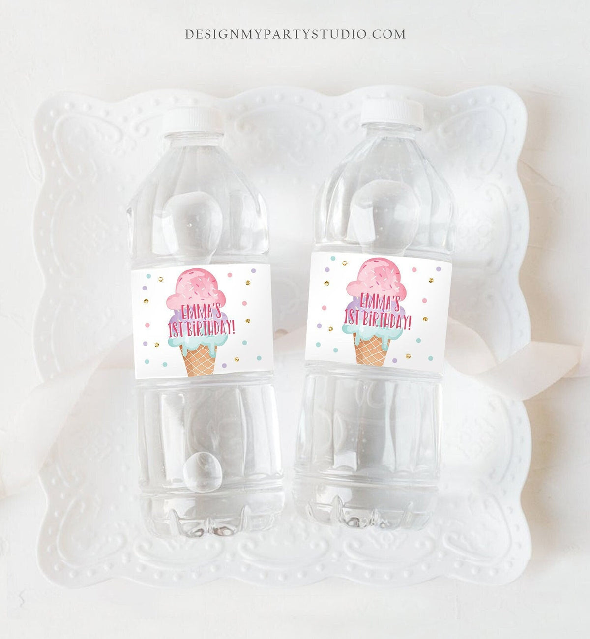 Editable Ice Cream Water Bottle Label Ice Cream Birthday Scoop Cone Mint Pink Purple Summer Girl Digital Download Template Printable 0243