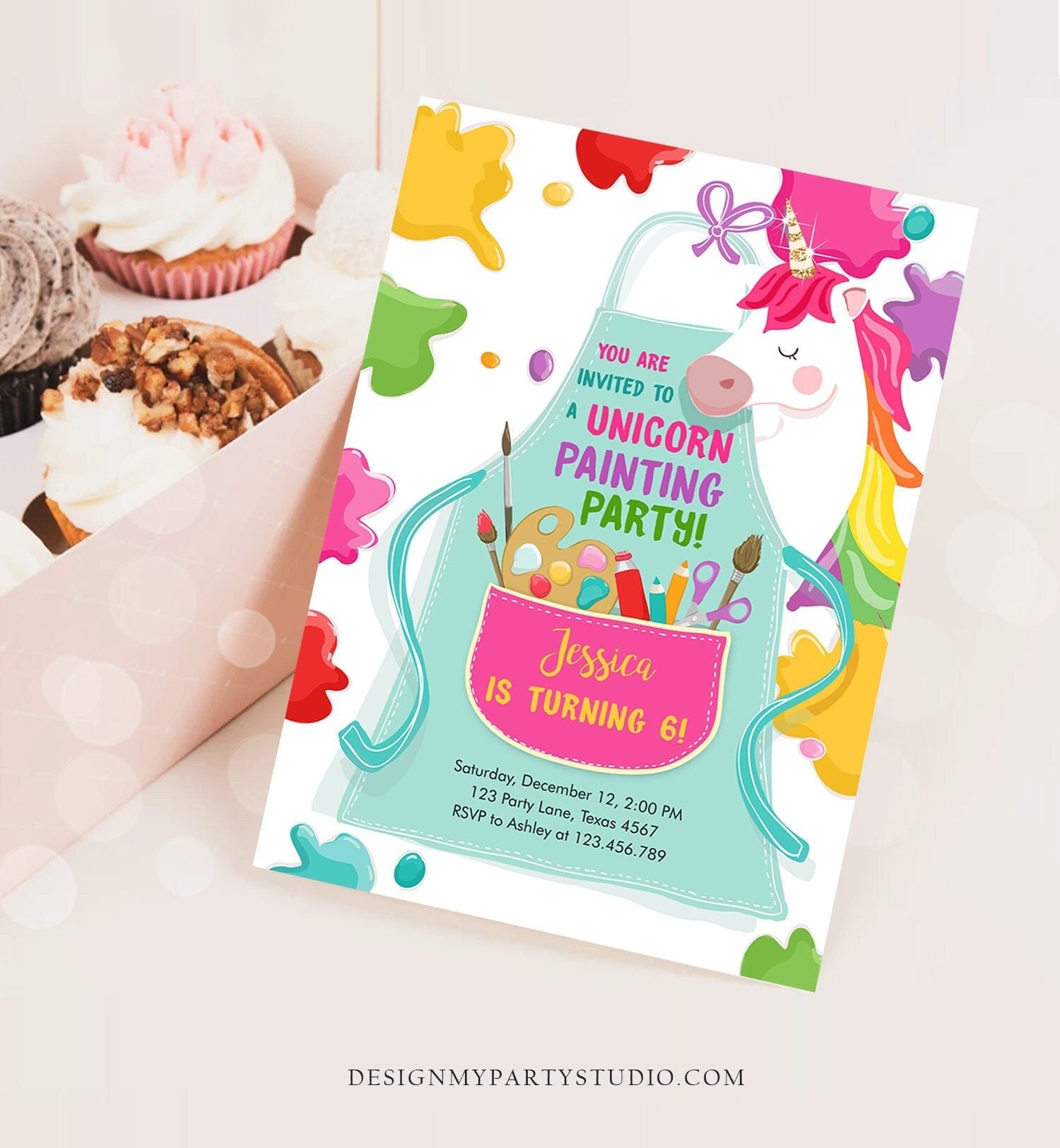 Editable Unicorn Painting Party Invitation Art Party Birthday Girl Paint Craft Party Digital Download Evite Template Printable 0319