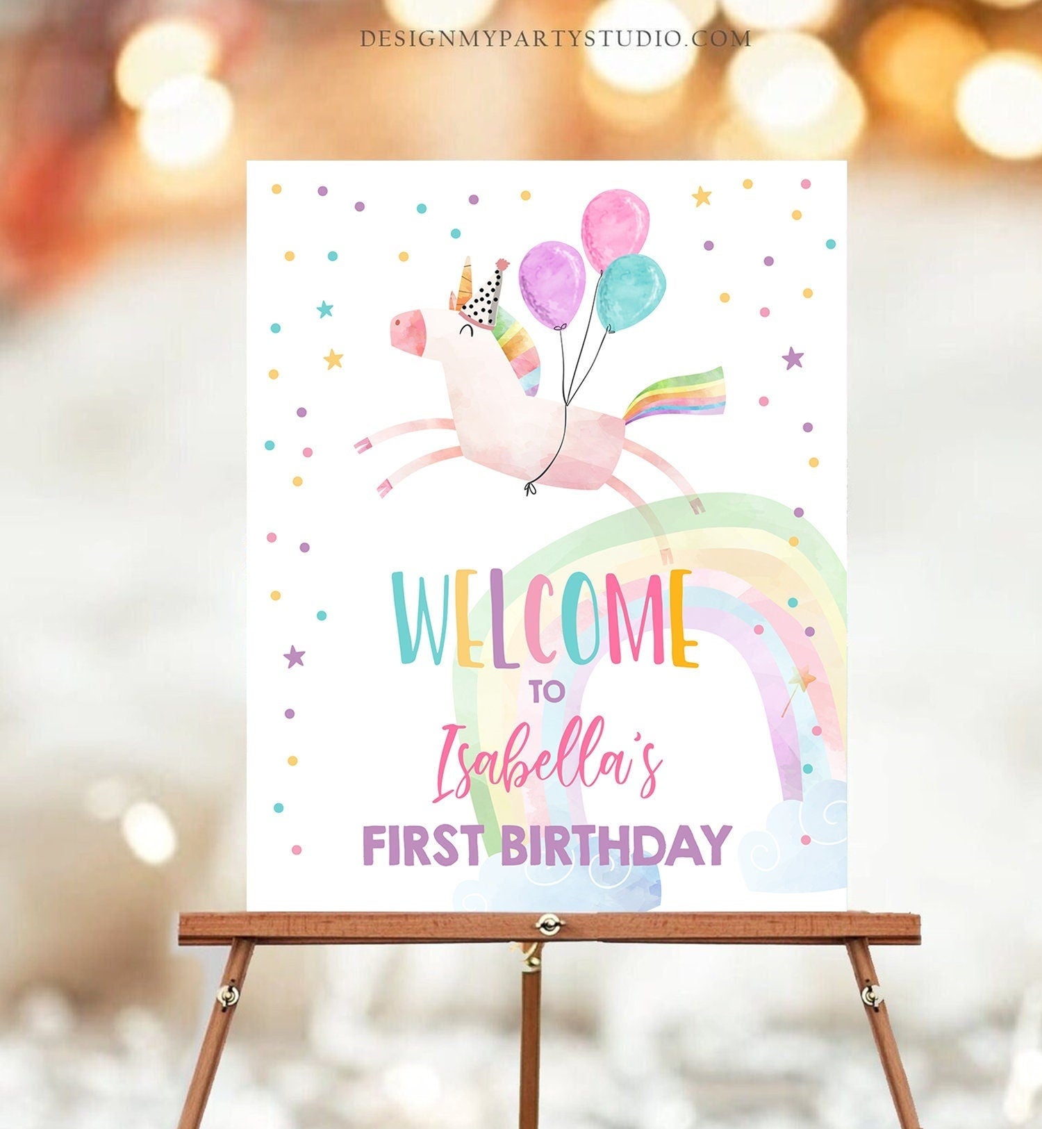 Editable Unicorn Welcome Sign Unicorn Birthday Door Sign Rainbow Girl Magical Unicorn Party Sign Pink First Digital Template Printable 0336