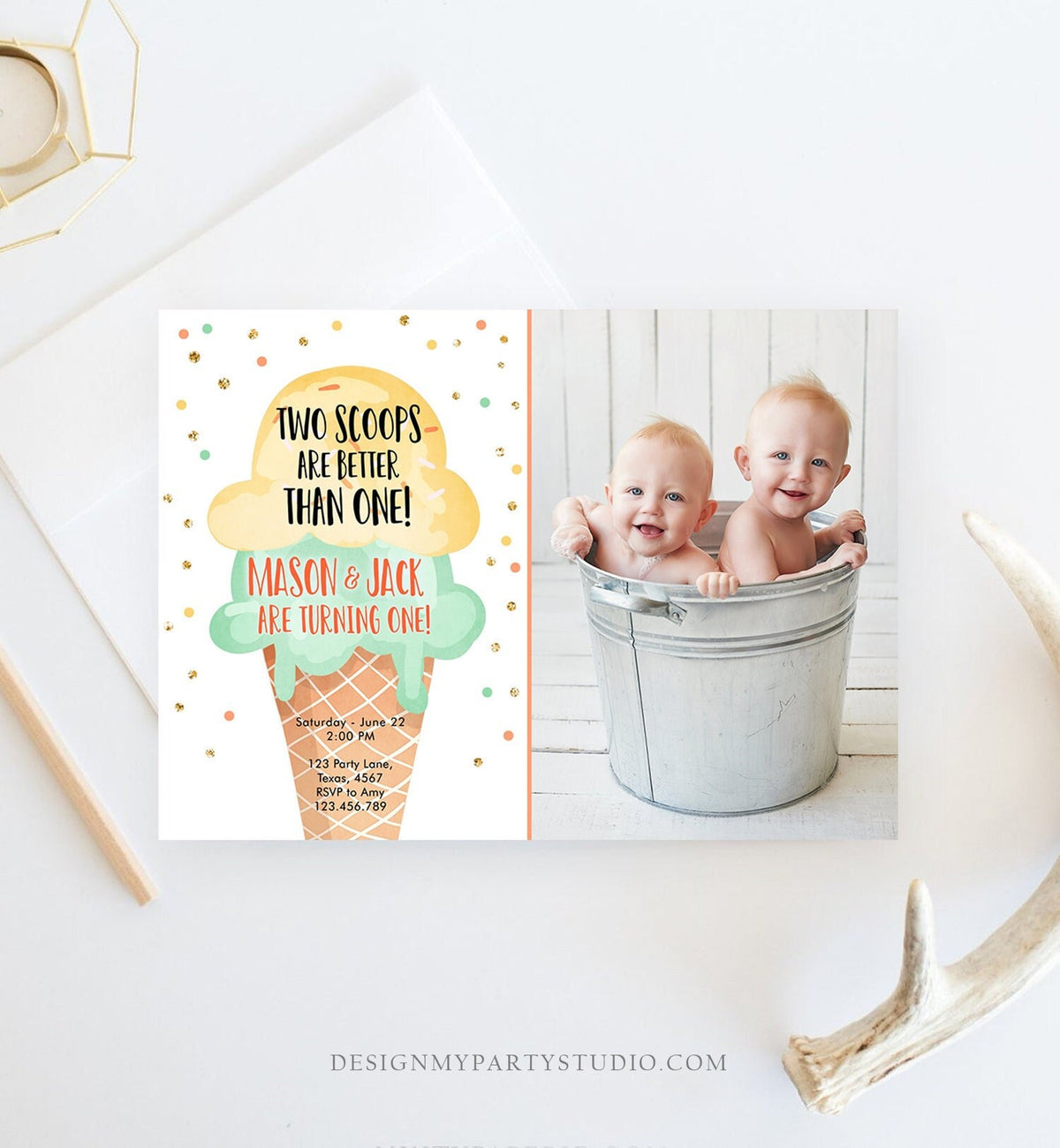 Editable Twin Ice Cream Birthday Invitation First Birthday Two is Better Than One Yellow Mint Gold Boy Digital Template Printable 0243