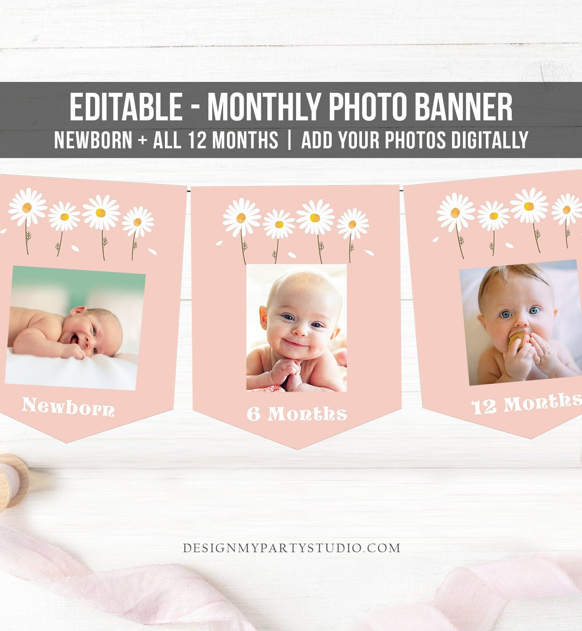 Editable Daisy First Birthday Banner Daisy Monthly Photo Banner Pink Girl Miss Onederful Floral Boho ONE 1st Digital Template Printable 0410