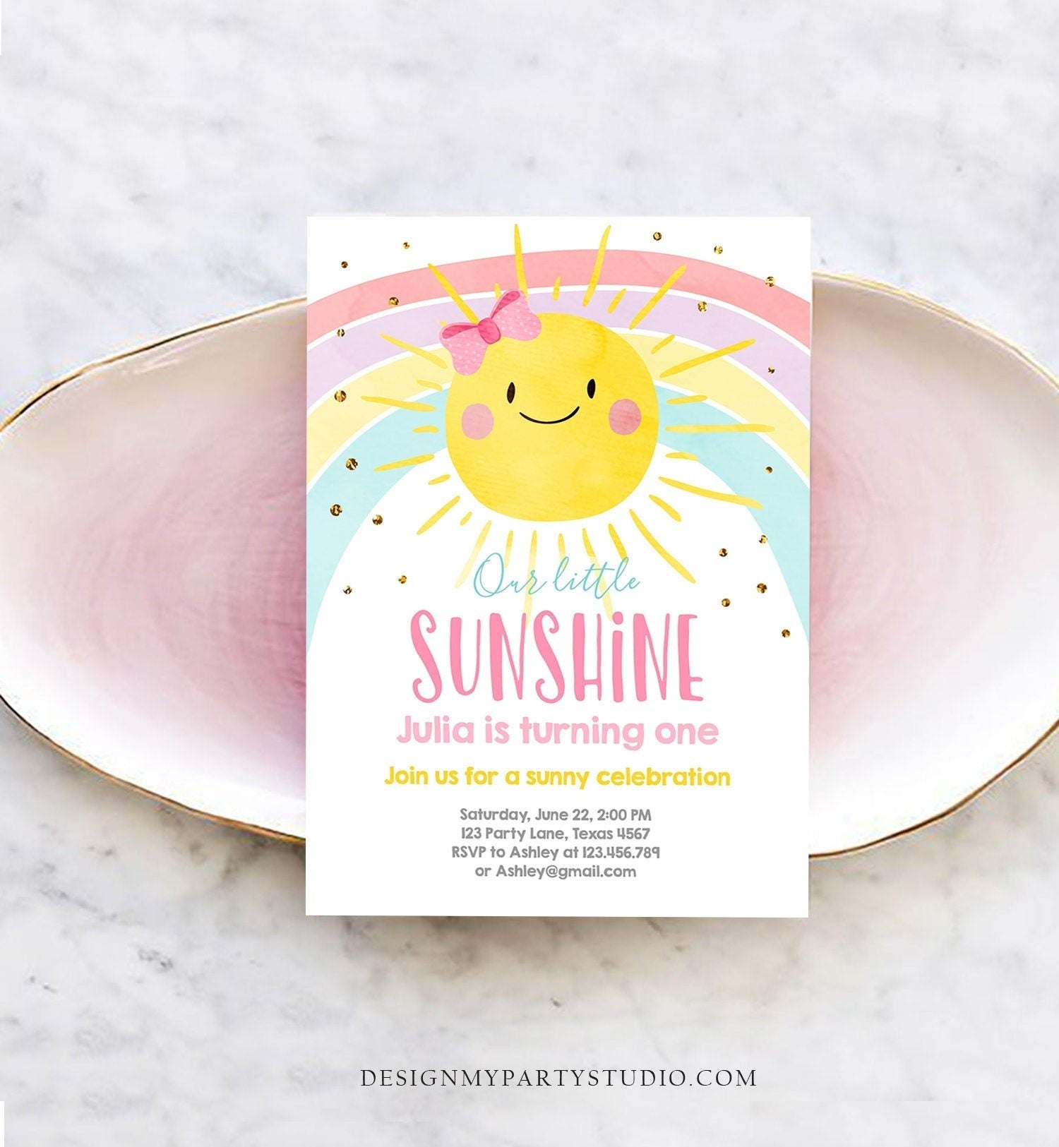 Editable Sunshine and Rainbow Birthday Invitation Pastel Rainbow Birthday Sunshine 1st Birthday Party Girl Digital Template Printable 0402