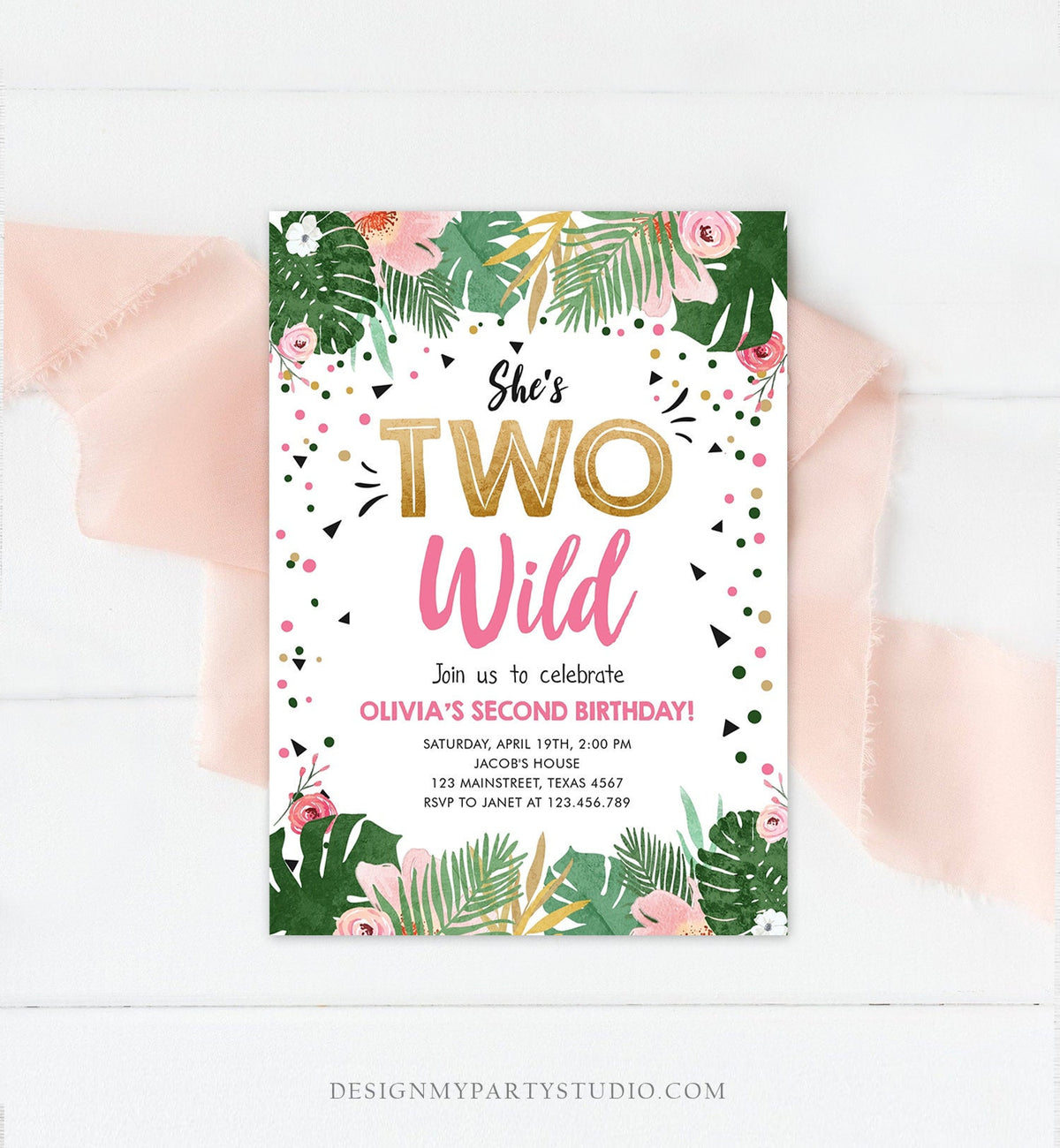 Editable Two Wild Birthday Invitation Girl Tropical Safari Pink Gold Jungle Second Birthday 2nd Download Evite Template Printable 0332