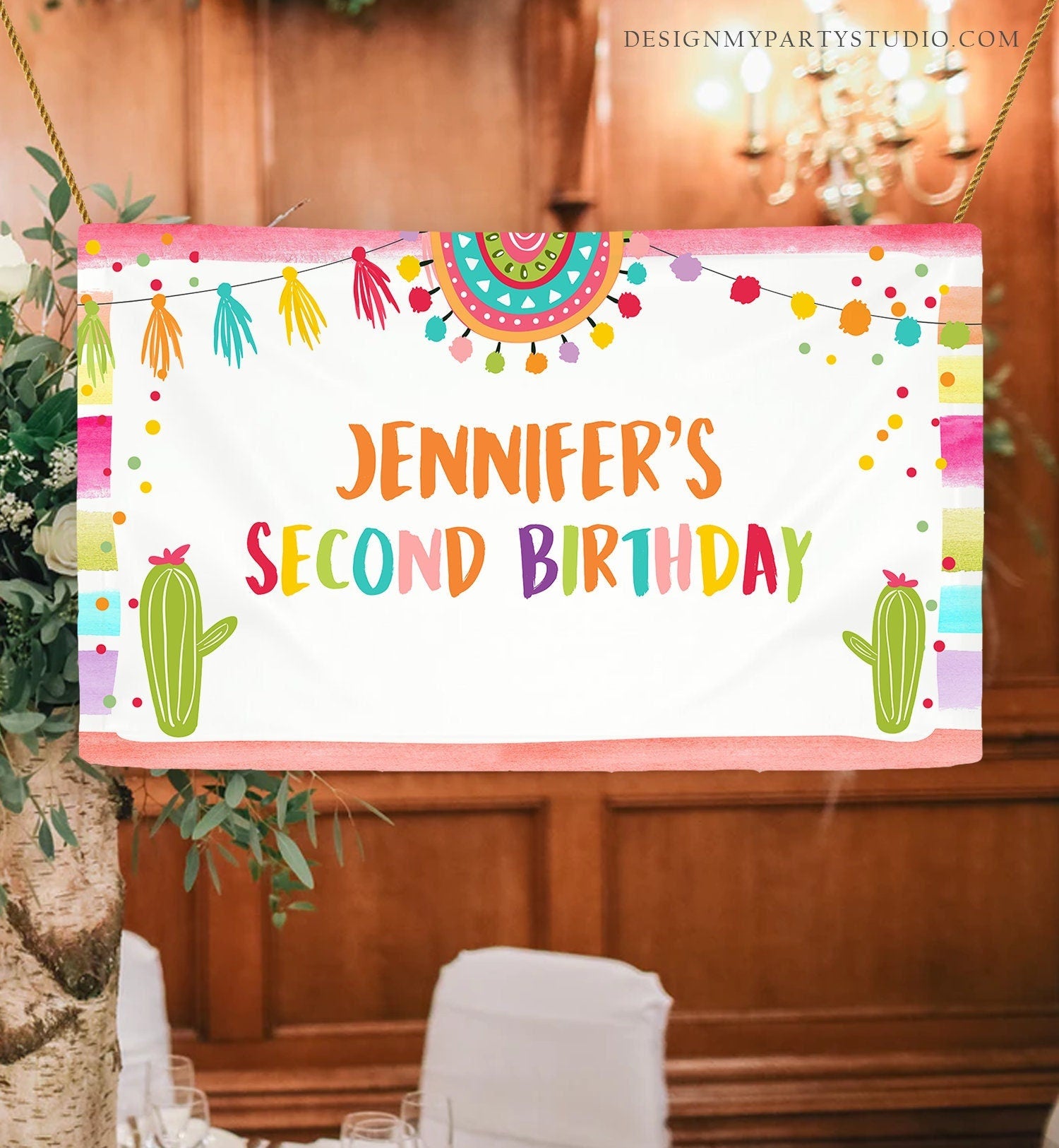 Editable Fiesta Birthday Backdrop Banner Mexican Cactus Succulent Desert Floral Baby Shower 2nd Two Download Digital Template Printable 0134