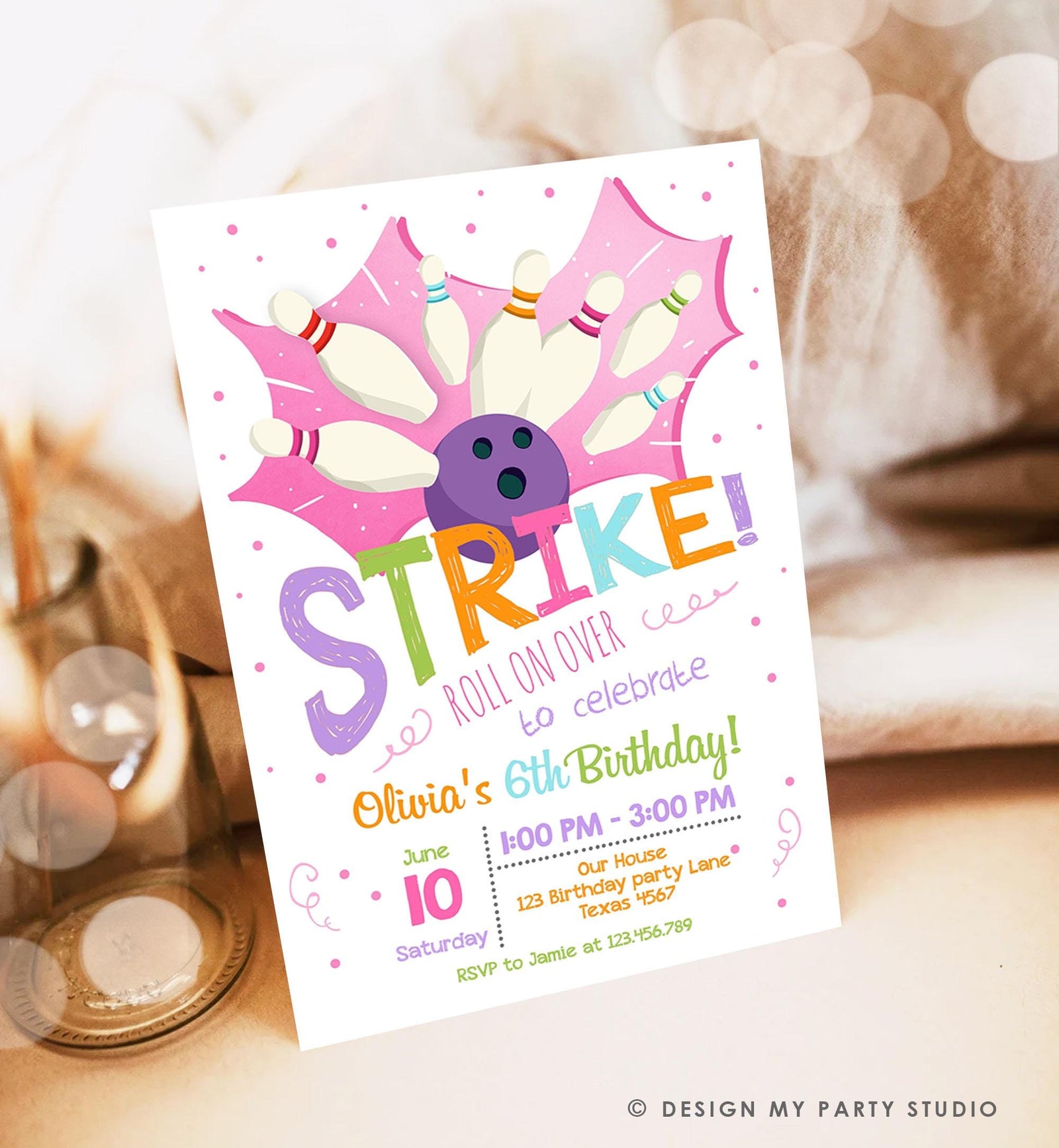 Editable Bowling Birthday Party Invitation Girl Pink Purple Bowling Party Strike Kids Download Printable Invitation Template Evite 0081